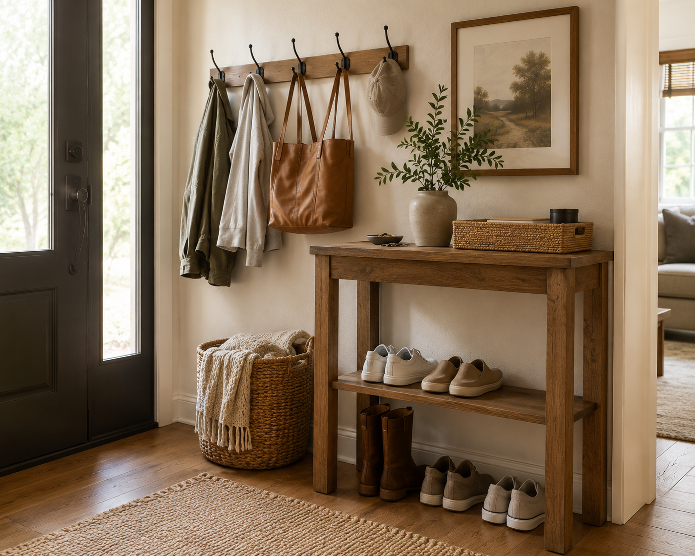 Warm entryway with wall hooks, woven basket, designated shoe storage and a simple wood console in soft natural light.