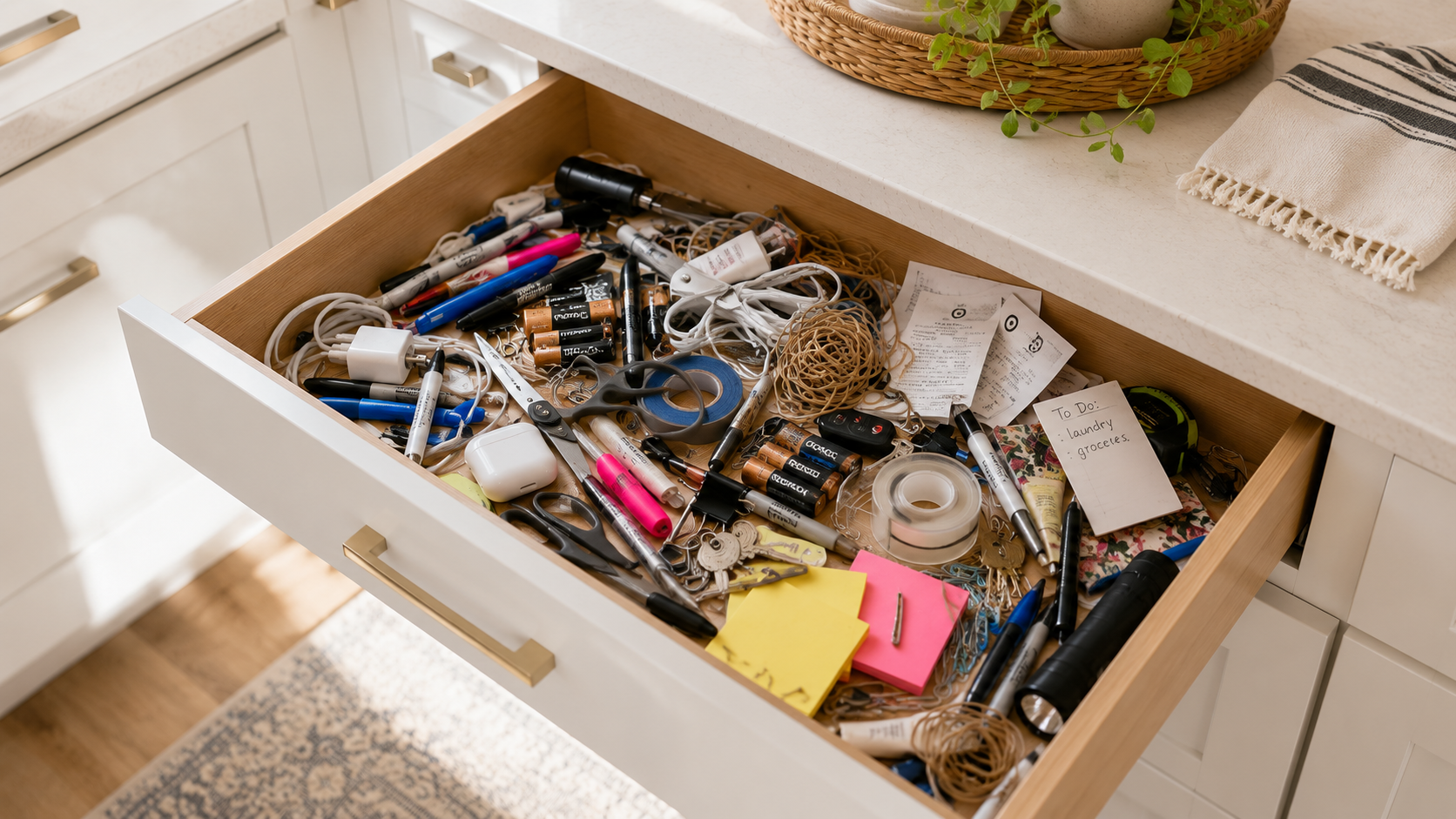 Messy kitchen junk drawer filled with pens, batteries, chargers, scissors, tape, sticky notes, receipts, keys, and other everyday household items before organizing.