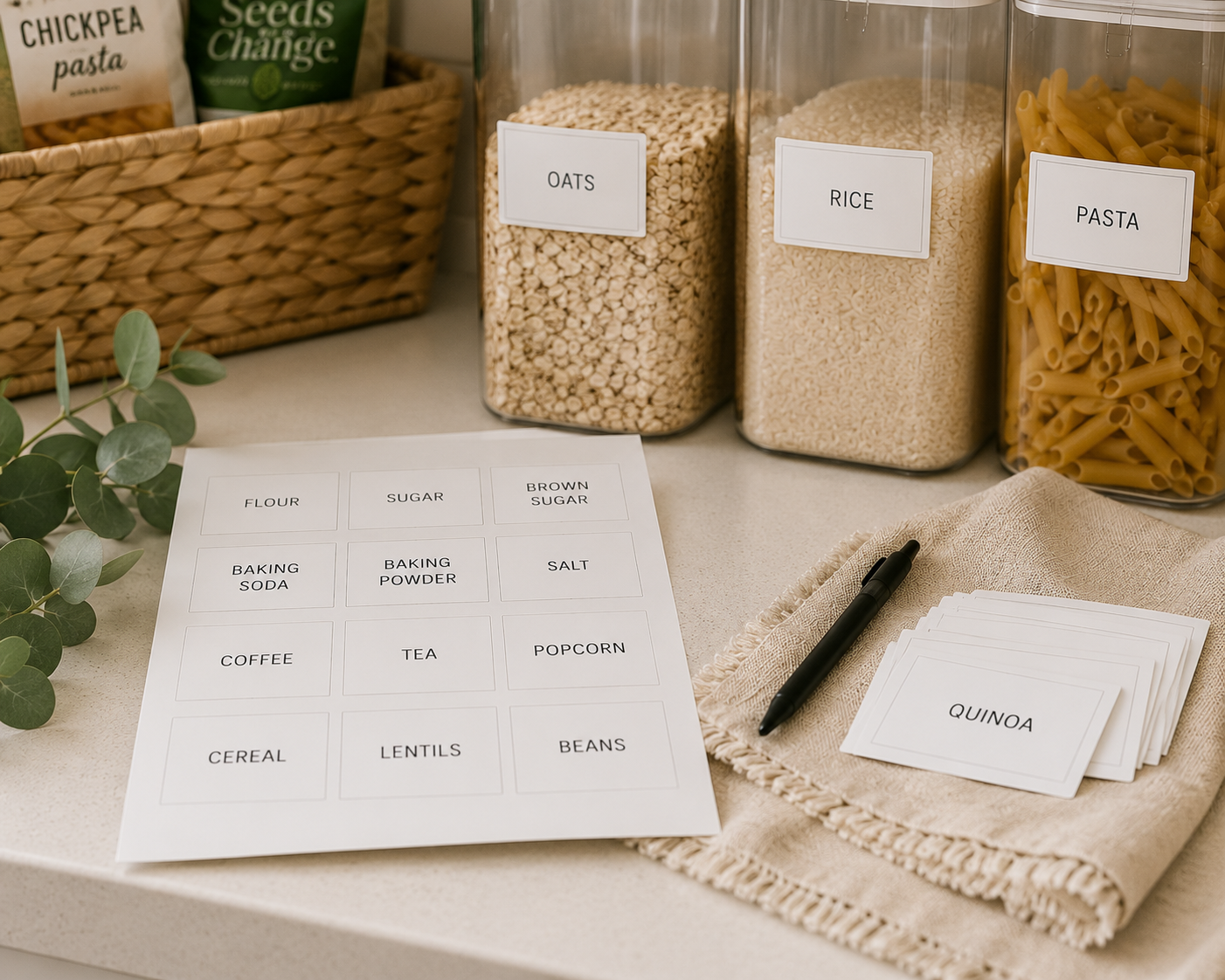Minimalist pantry labels beside clear food storage containers on a bright kitchen countertop, creating a simple labeling system for an organized pantry.
