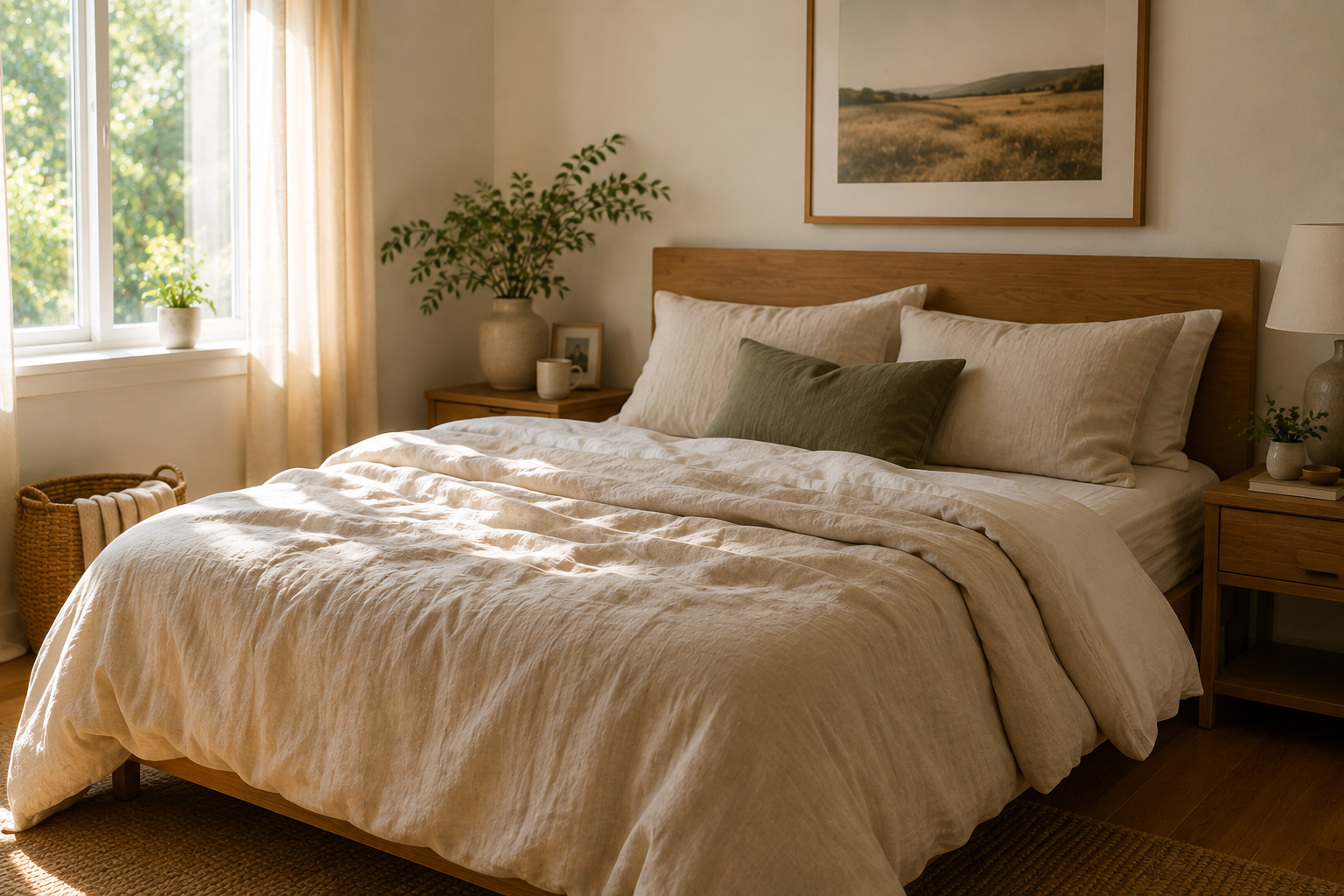 Warm bedroom in soft morning light with a simply made bed, rumpled linen bedding and natural wood accents.