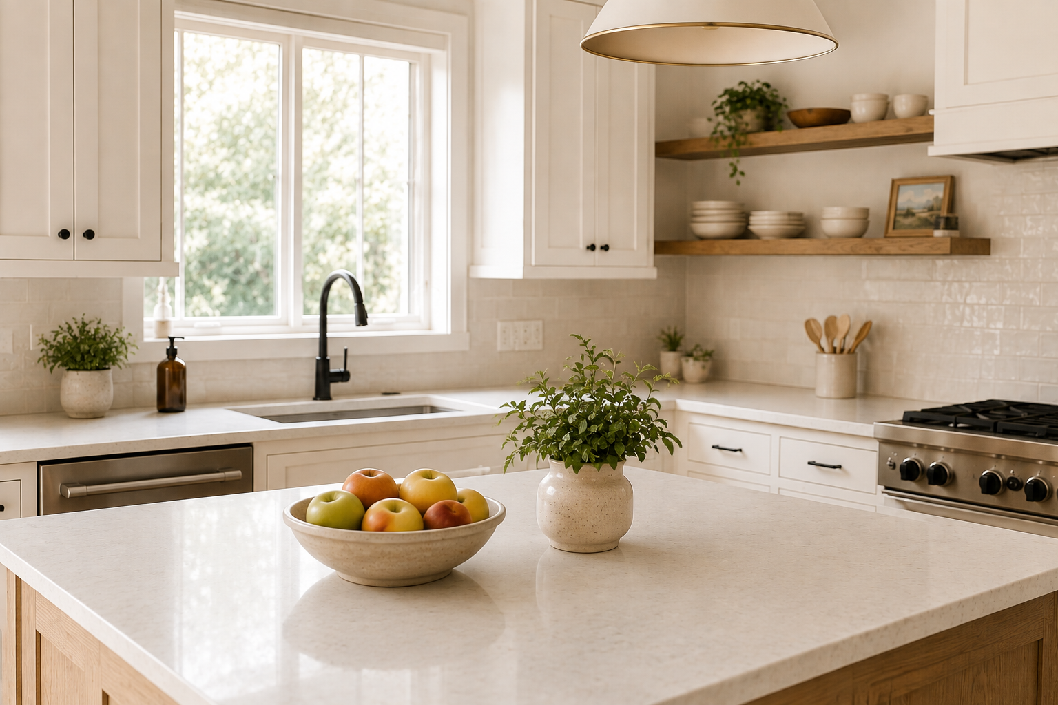 Bright, organized kitchen with clean quartz countertops, white shaker cabinets, warm wood accents, fresh fruit, and a small plant creating a calm, functional everyday workspace.