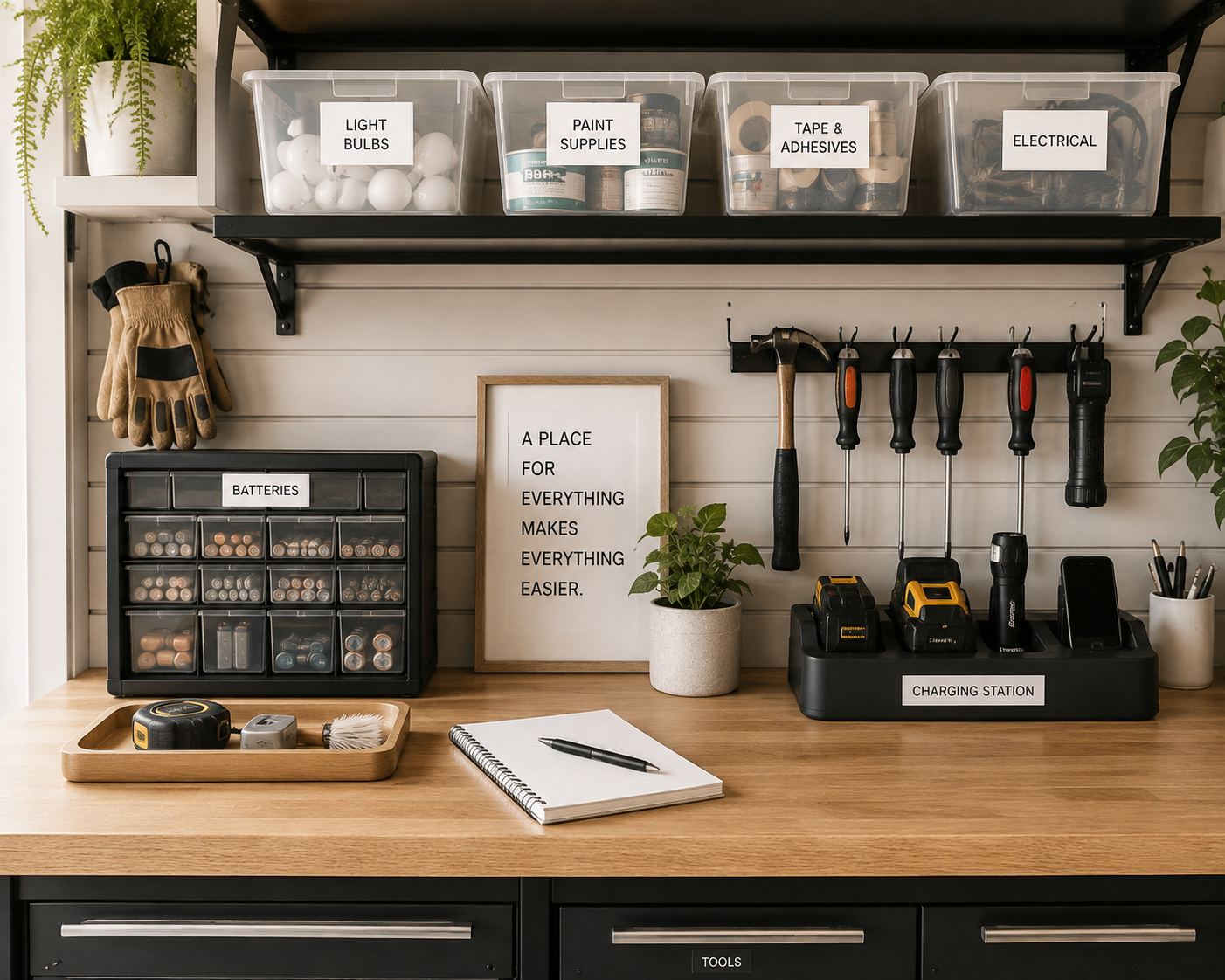 Editorial close-up of an organized garage workbench with labeled storage bins, battery organizer, charging station, hand tools, and a functional storage system.
