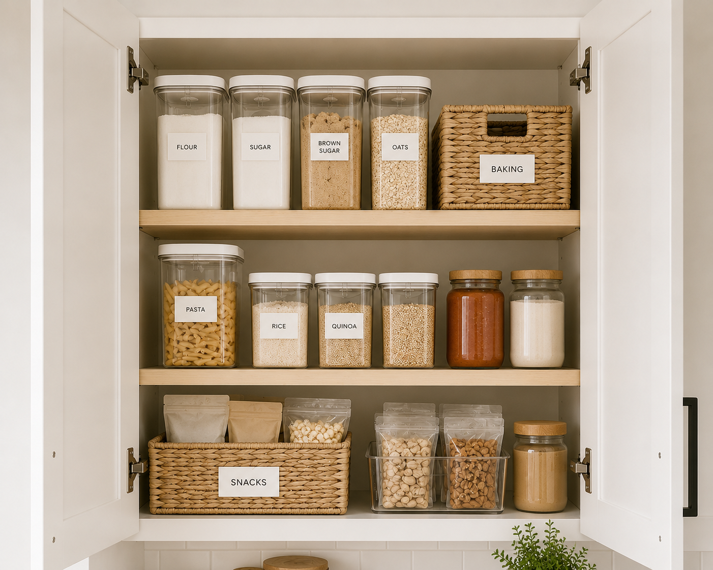 Organized white kitchen pantry cabinet with clear food storage containers, labeled woven baskets, and pantry staples arranged into simple categories for easy everyday access.