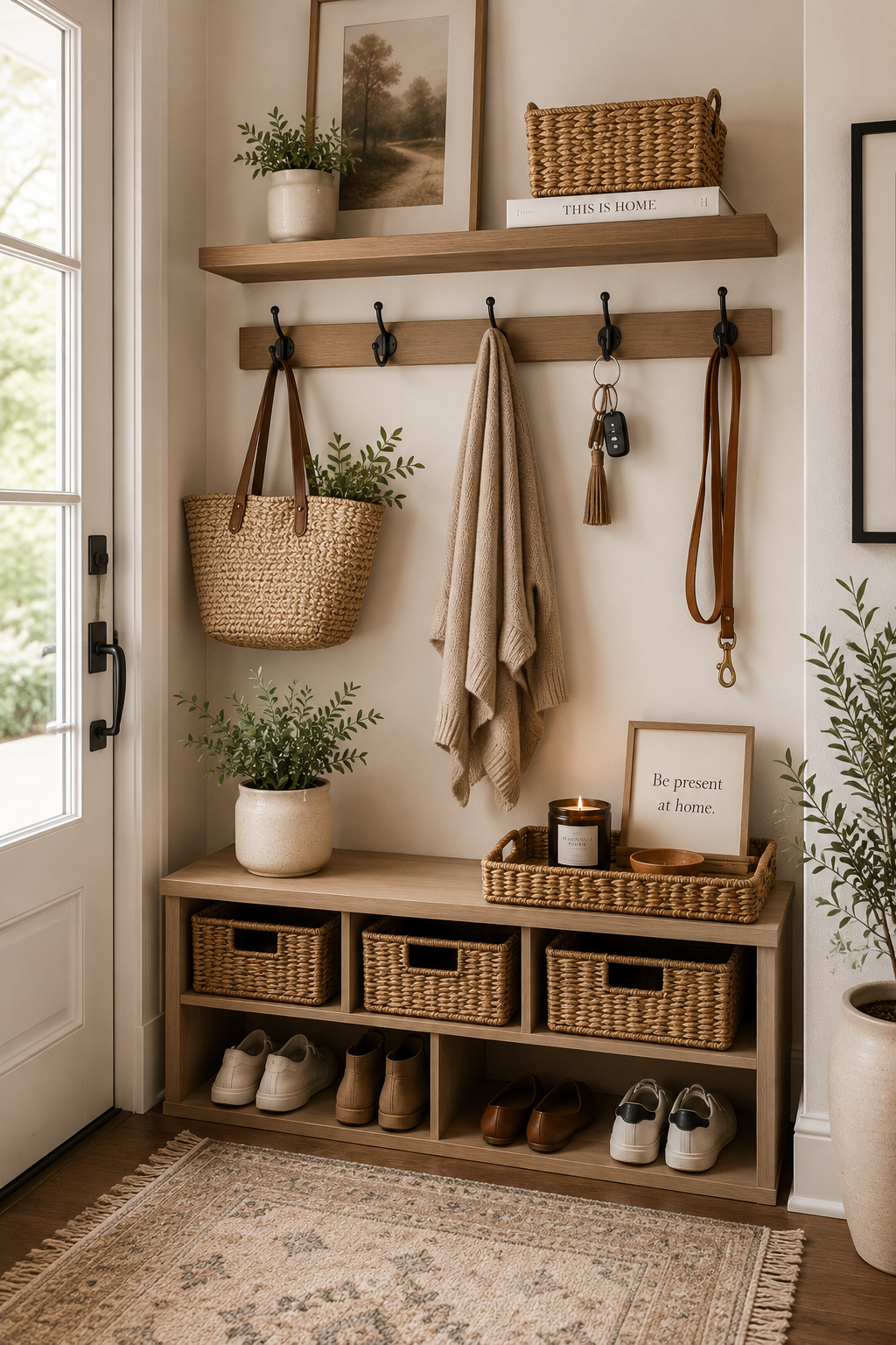 Calm organized entryway featuring wall hooks, woven storage baskets, a decorative catch-all tray, shoe storage, and neutral modern farmhouse decor.