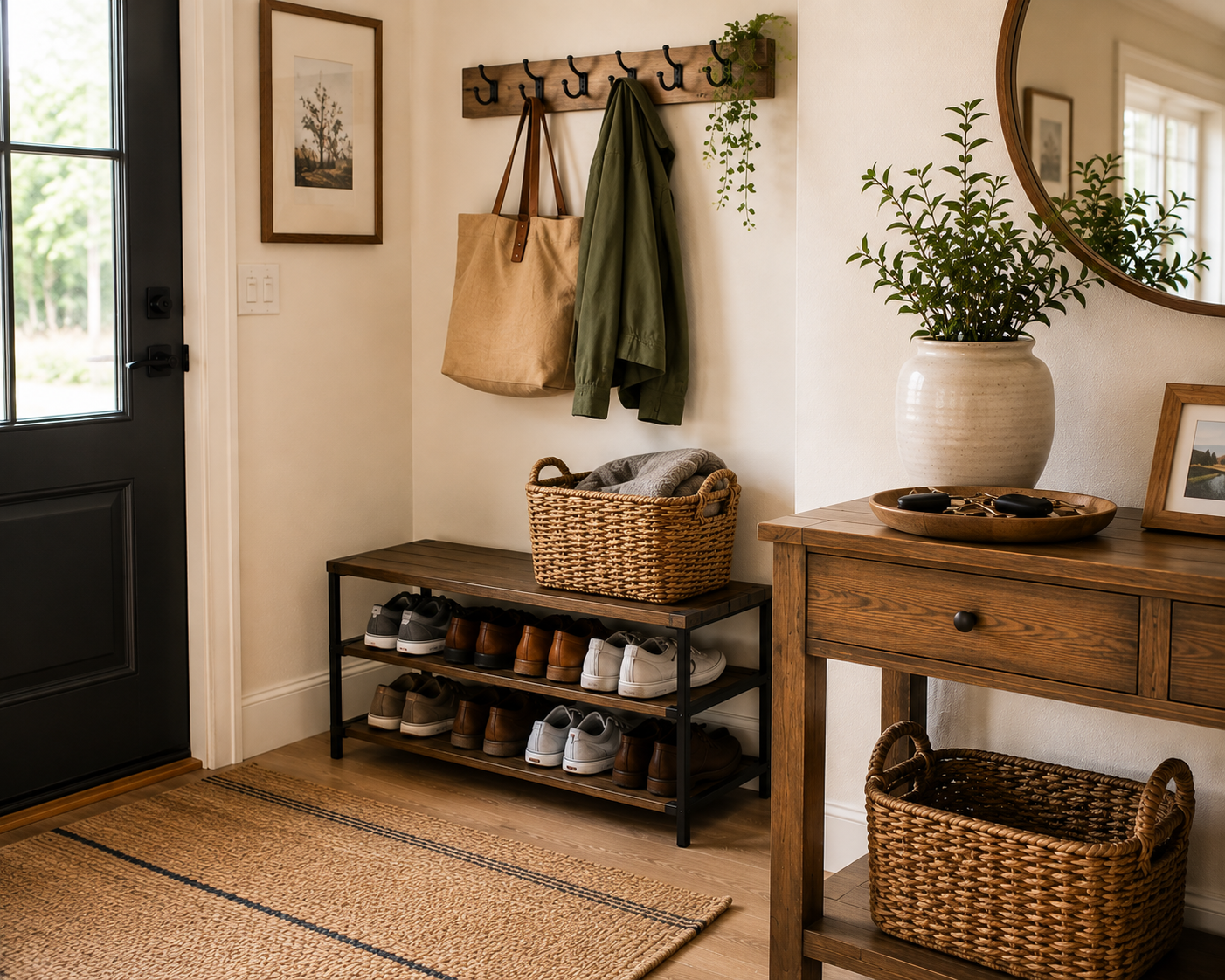 Organized entryway with a shoe rack, wall hooks, catchall tray, and woven baskets for everyday items.