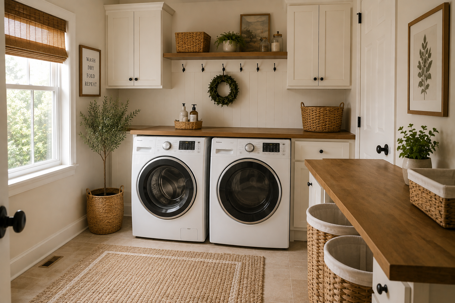 Calm organized laundry room after a simple reset with clear counters, empty baskets, stored supplies, and no piles of unfinished laundry.