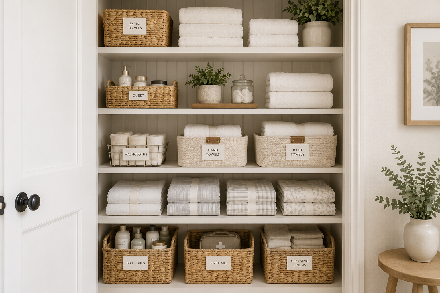 A neatly organized linen closet with folded towels, sheet sets stored together, labeled storage baskets, guest toiletries, and dedicated storage zones that make everyday items easy to find.