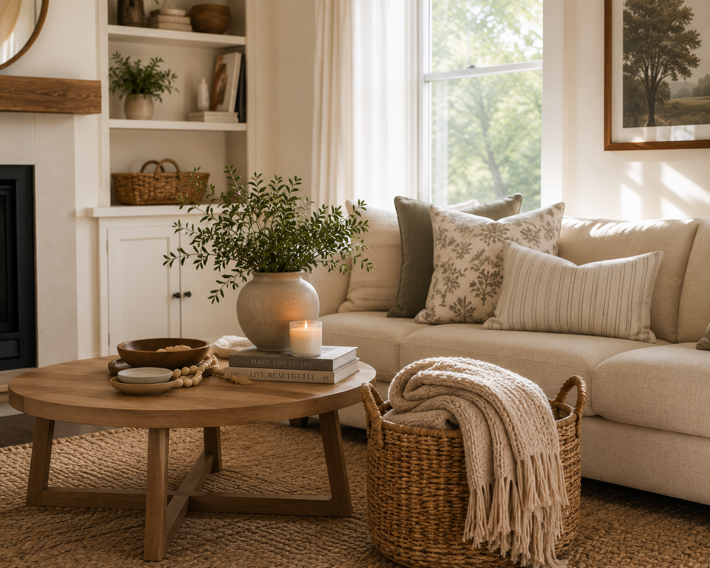 Warm organized living room with a woven storage basket, folded throw blanket, styled coffee table, and soft natural light creating a calm, inviting space.
