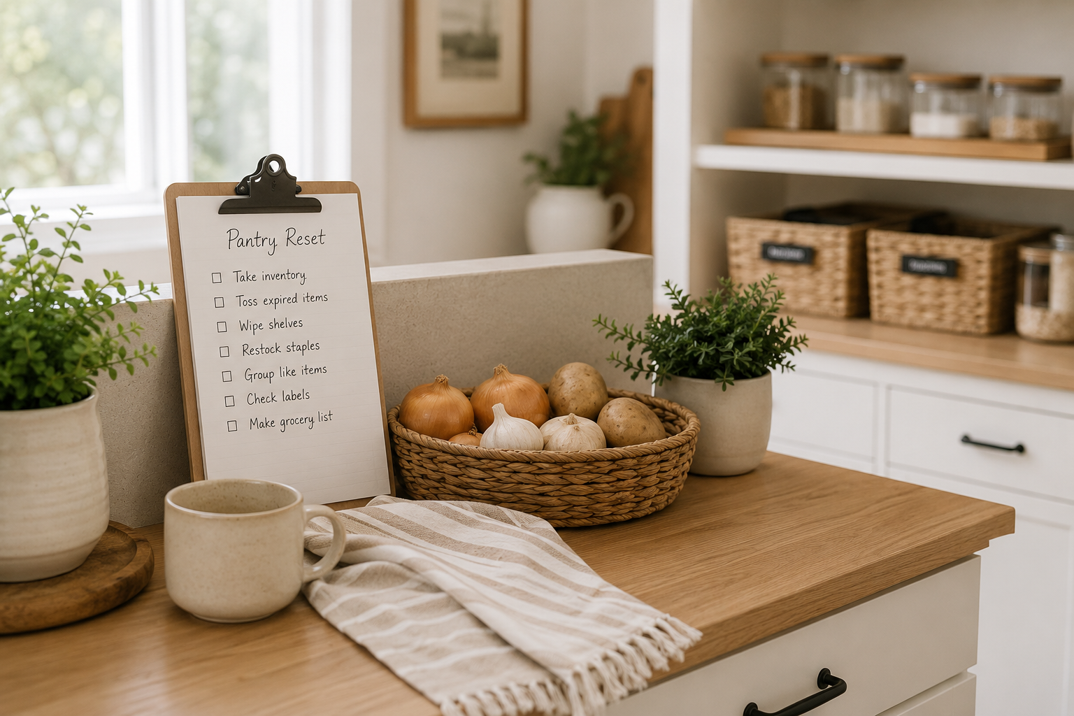Handwritten weekly pantry reset checklist on a kitchen countertop beside a basket of produce, soft neutral décor, and an organized pantry in the background, illustrating a simple pantry maintenance routine.