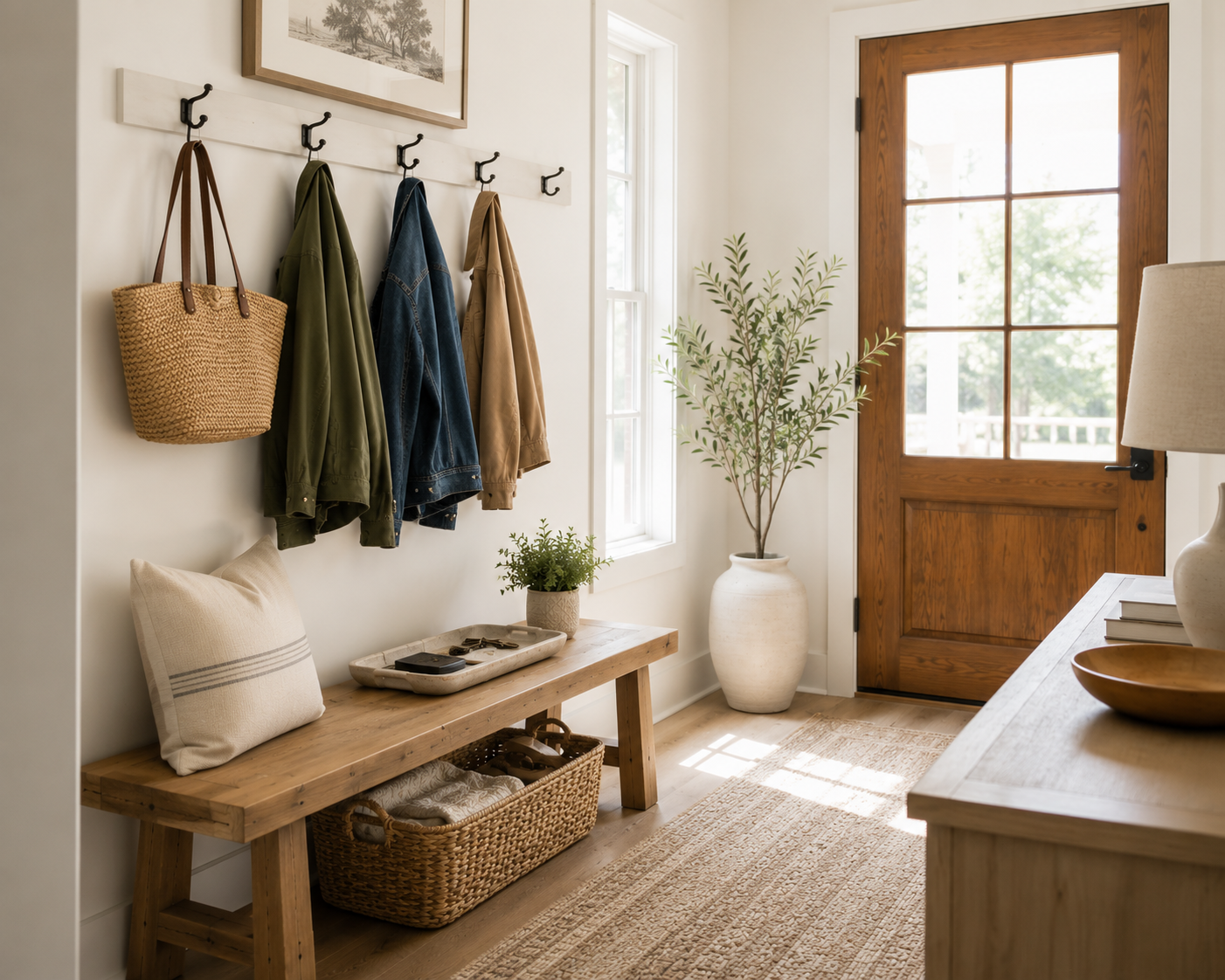 Organized entryway with a wooden bench, woven storage basket, wall hooks for coats, decorative key tray, and fresh greenery in a bright, welcoming home entrance.