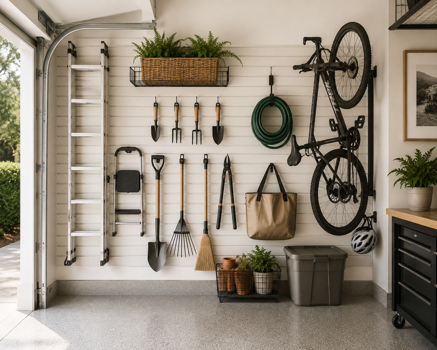 Close-up of an organized garage wall with vertically stored bicycles, ladder, garden tools, hose, and wall-mounted storage creating a functional garage organization system.