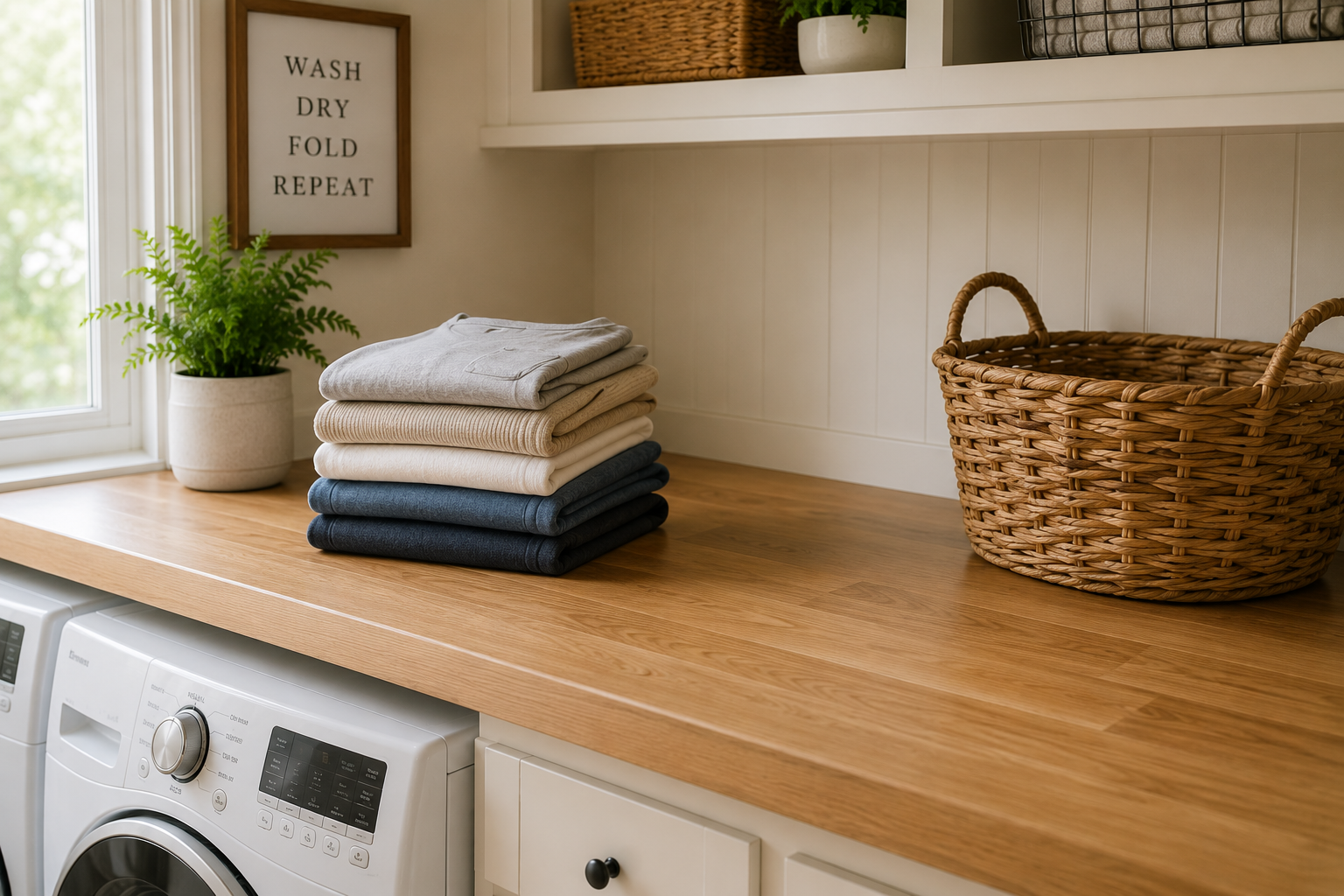 Clear laundry room folding counter with neatly folded clothes and a laundry basket ready to return clean clothing to bedrooms.