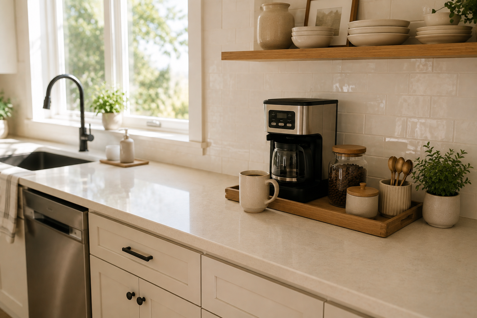 Simple organized coffee station contained to one counter zone with the surrounding kitchen counters clear.