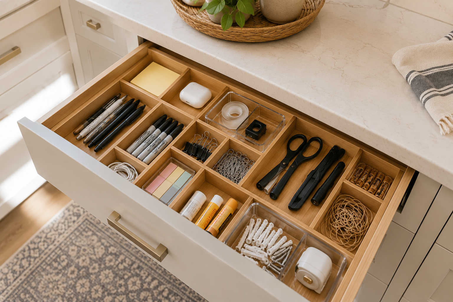 Beautifully organized kitchen junk drawer with bamboo dividers and acrylic trays holding pens, scissors, tape, batteries, paper clips, sticky notes, and other everyday essentials in a bright neutral kitchen.