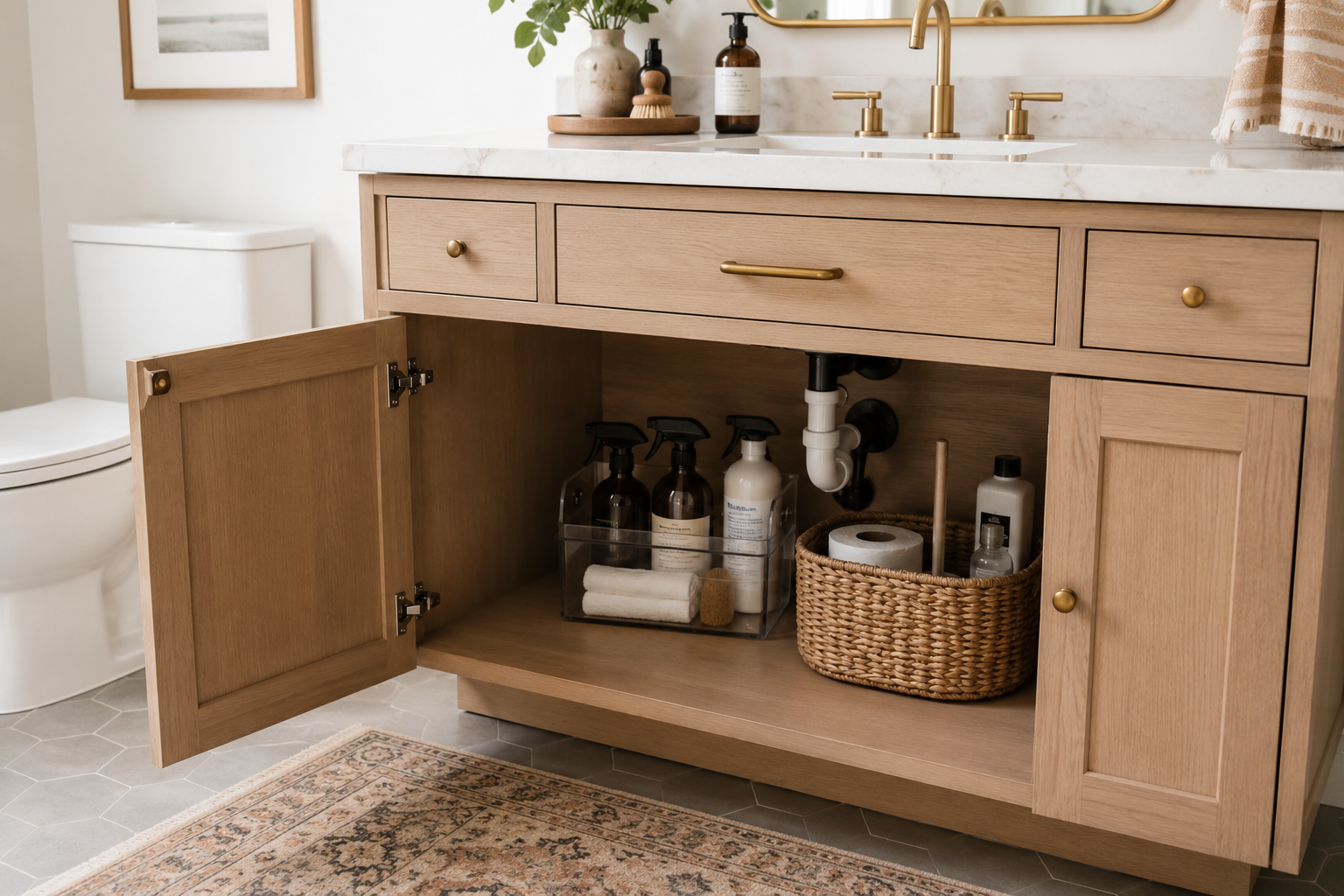 Bathroom cleaning supplies stored neatly under the vanity for an easy cleaning routine