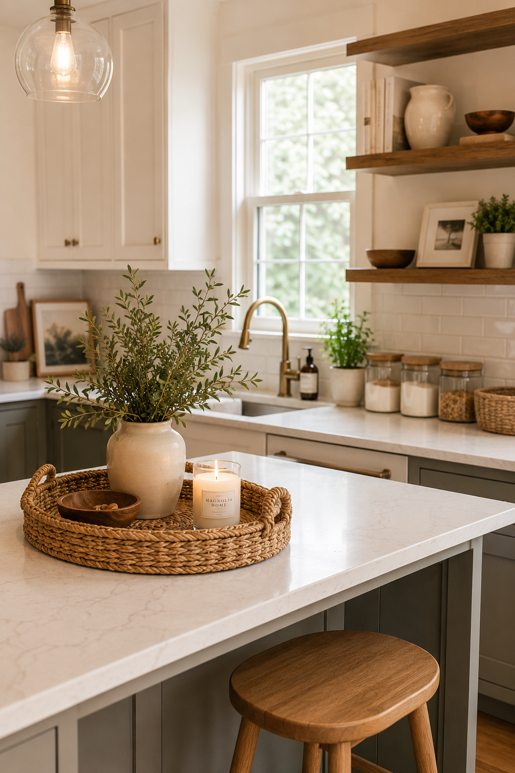 Bright modern farmhouse kitchen after a five-minute reset with clean countertops, simple styling, natural light, and organized open shelving.
