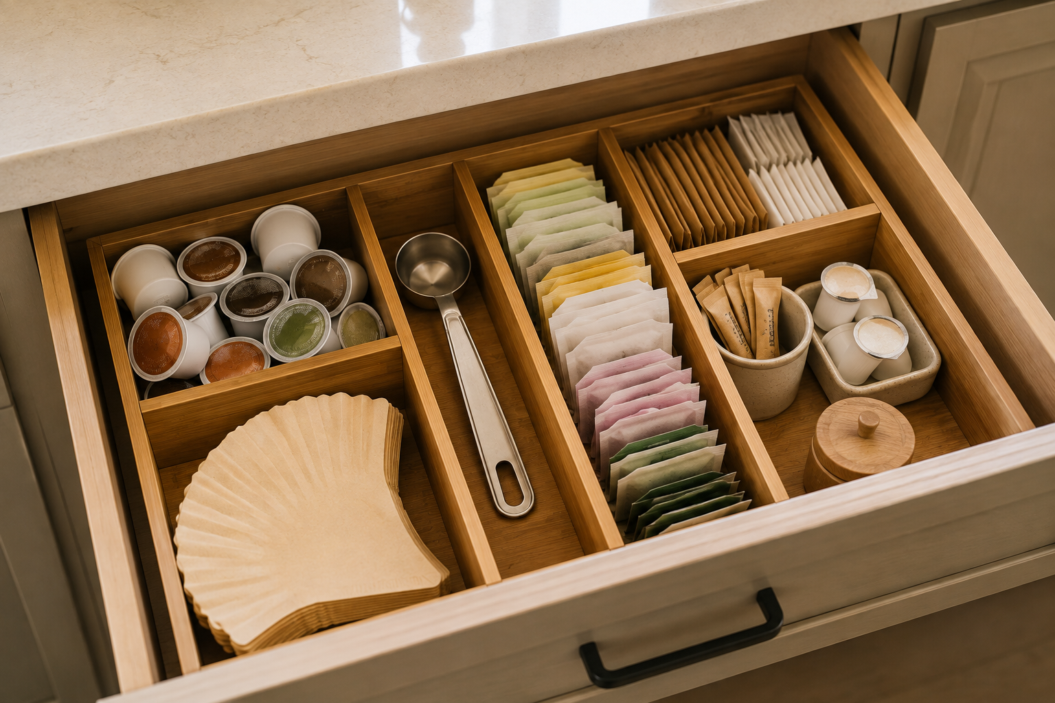 Organized kitchen drawer with coffee pods, filters, tea bags, sweeteners and coffee accessories separated by category.