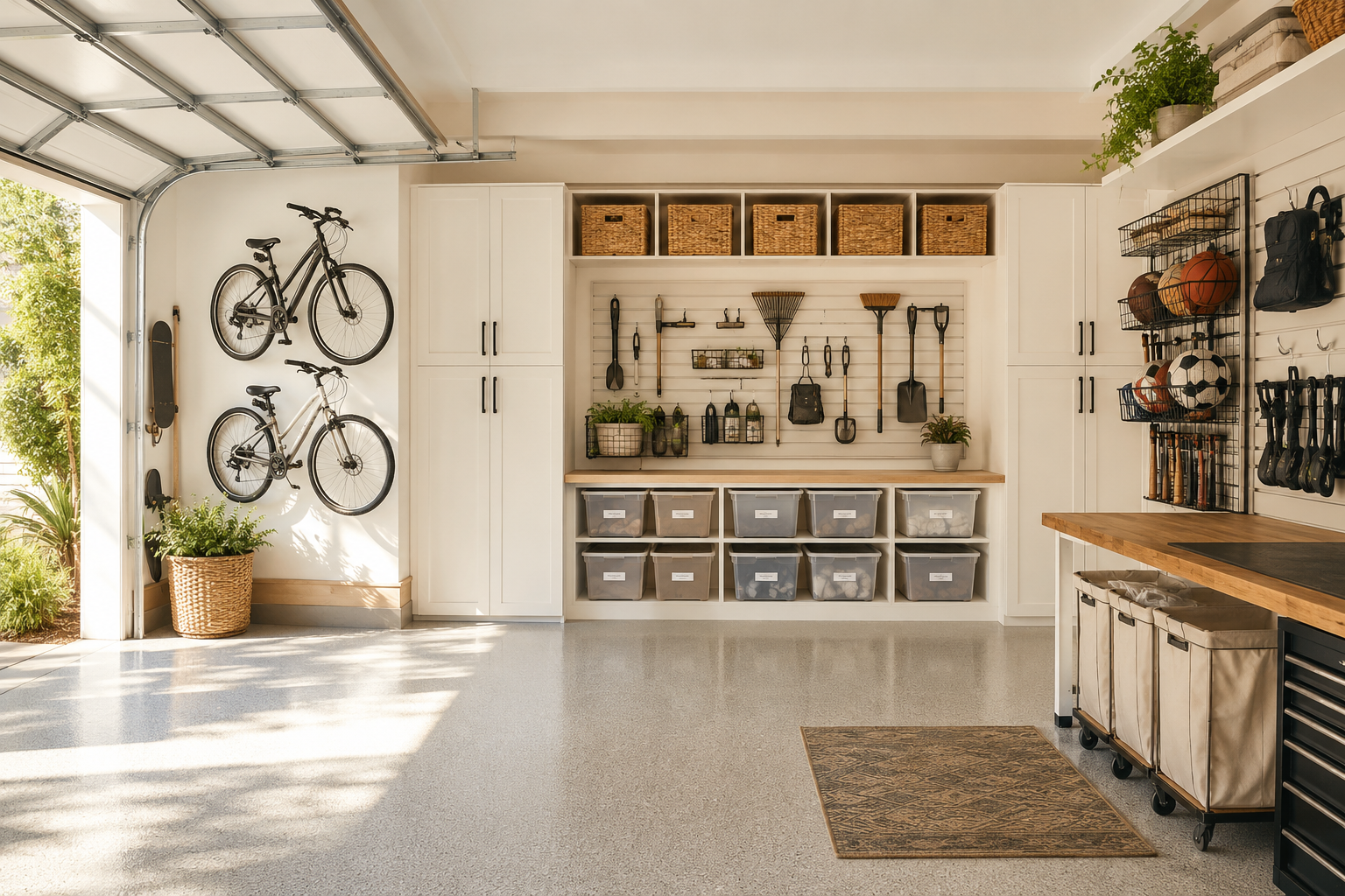 Bright, organized two-car garage with white storage cabinets, labeled bins, wall-mounted bicycles, organized tools, sports equipment, and open floor space designed for simple everyday organization.