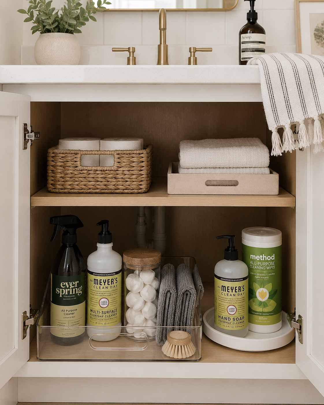 Organized bathroom cabinet with a cleaning caddy, microfiber cloths, spray cleaners, and neatly stored supplies for quick everyday cleaning.