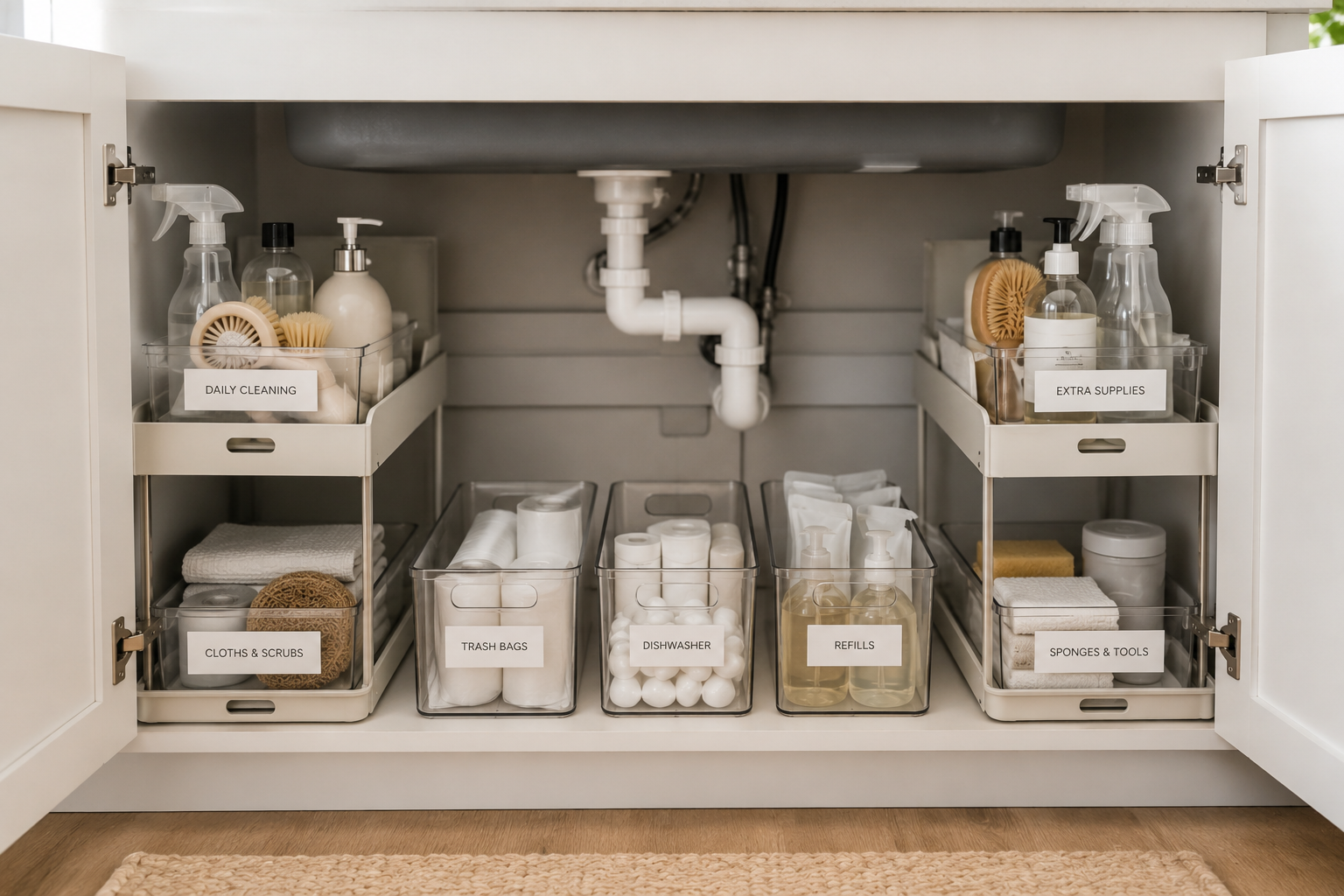 Organized under-sink cabinet with labeled clear storage bins, pull-out organizers, and separate zones for cleaning supplies, refills, and household essentials.