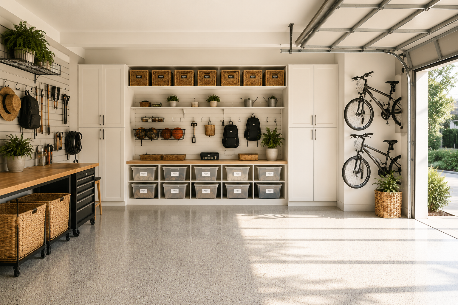 Bright organized two-car garage with wall-mounted storage, labeled bins, bicycles, shelving, and open floor space in soft natural light.