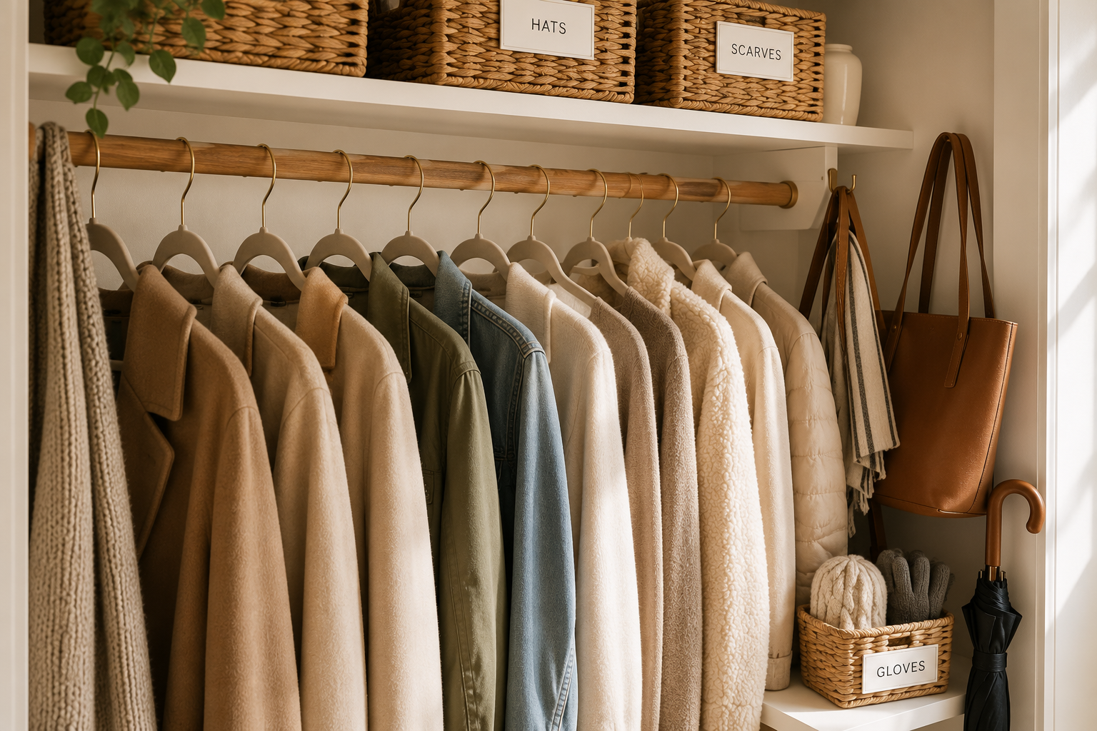 Close-up of an organized coat closet featuring slim velvet hangers, neutral coats, woven storage baskets, and simple entryway organization systems.