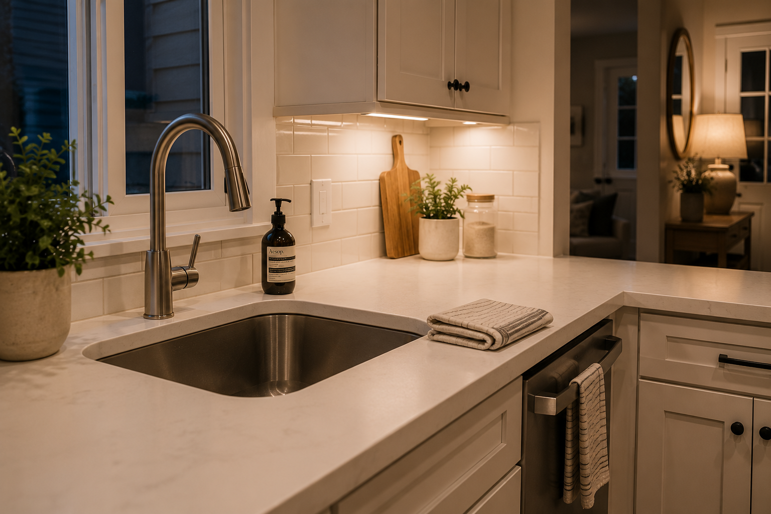 A clean kitchen with freshly wiped quartz countertops, an empty stainless steel sink, a neatly folded kitchen towel, and soft evening lighting, illustrating a simple evening reset routine that helps create a calm home.