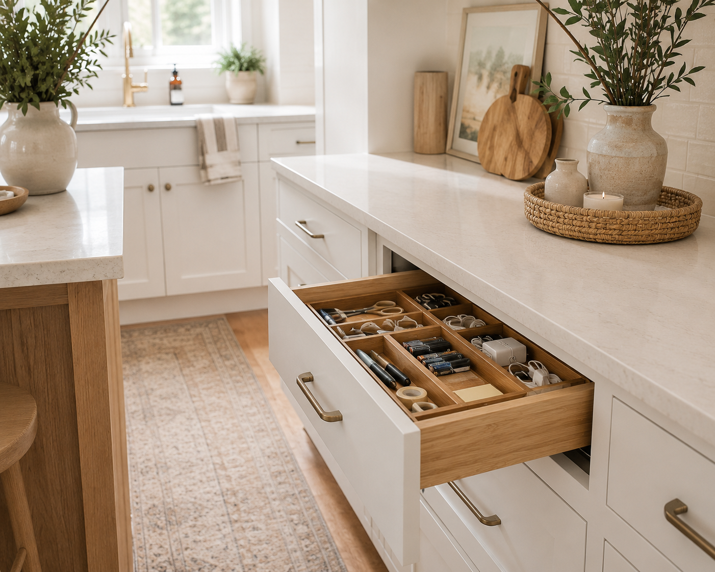Bright white kitchen with a partially open organized junk drawer featuring a bamboo drawer organizer and neatly arranged everyday household items.