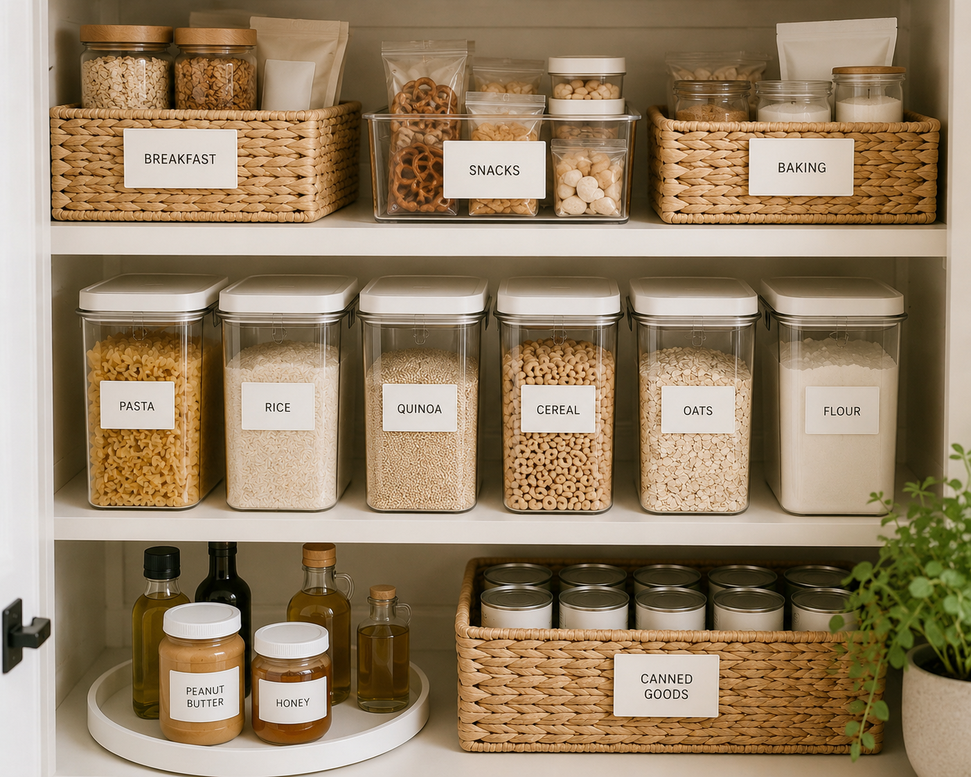 Organized pantry shelves with clearly grouped food categories, labeled woven baskets, clear storage containers, and everyday pantry staples arranged for easy access in a bright, functional kitchen.