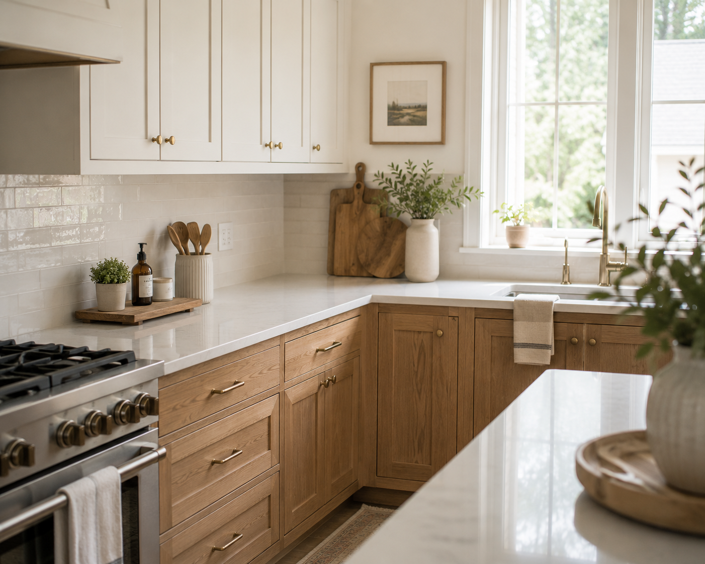 Bright kitchen with mostly clear counters and a simple tray creating an organized everyday zone.