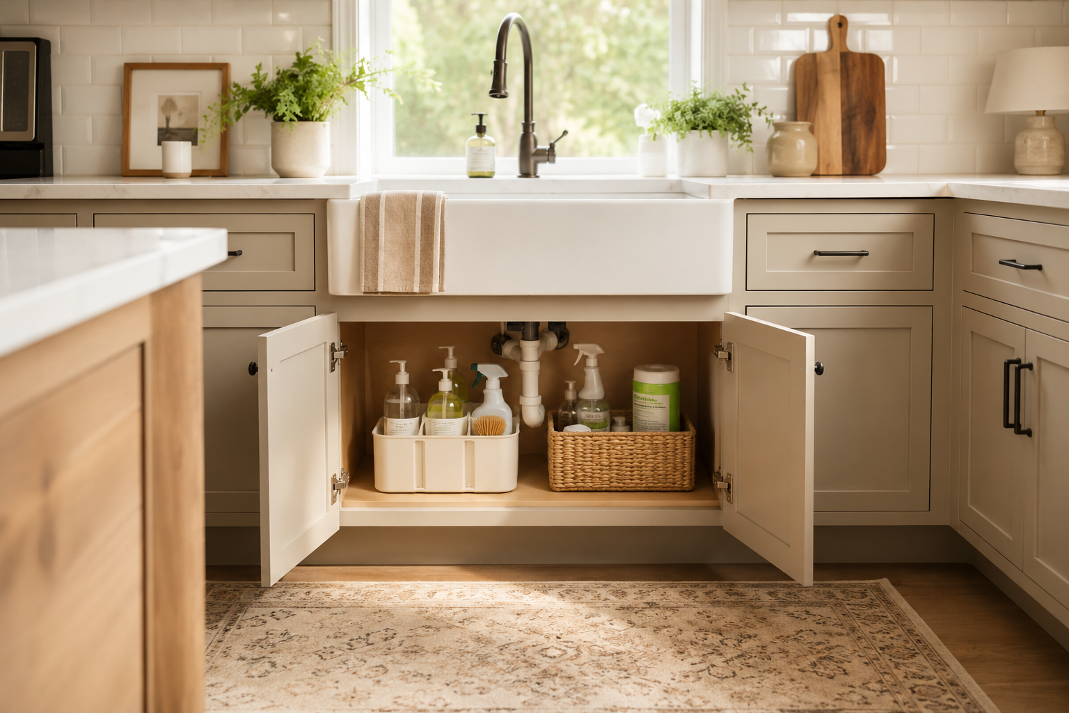Organized cleaning supplies stored in a caddy under a kitchen sink for an easier cleaning routine