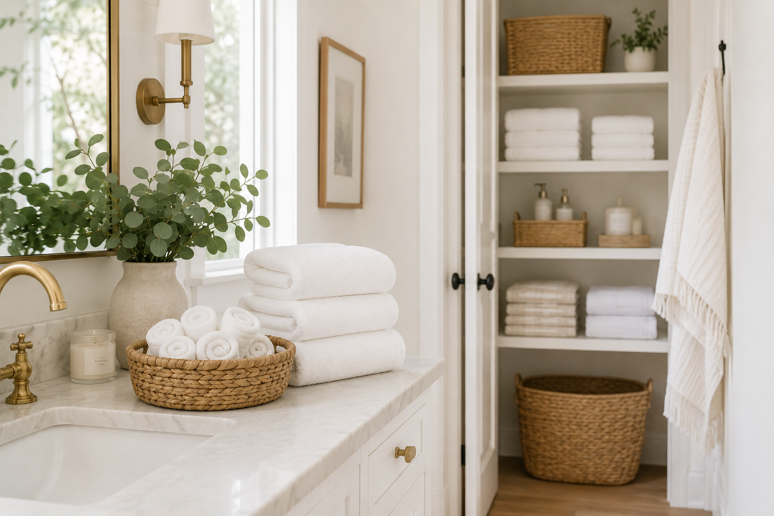 A bright bathroom with neatly folded white towels, a woven basket of rolled washcloths, and an organized open linen closet in the background, showing a simple storage system that keeps everyday essentials easy to find.