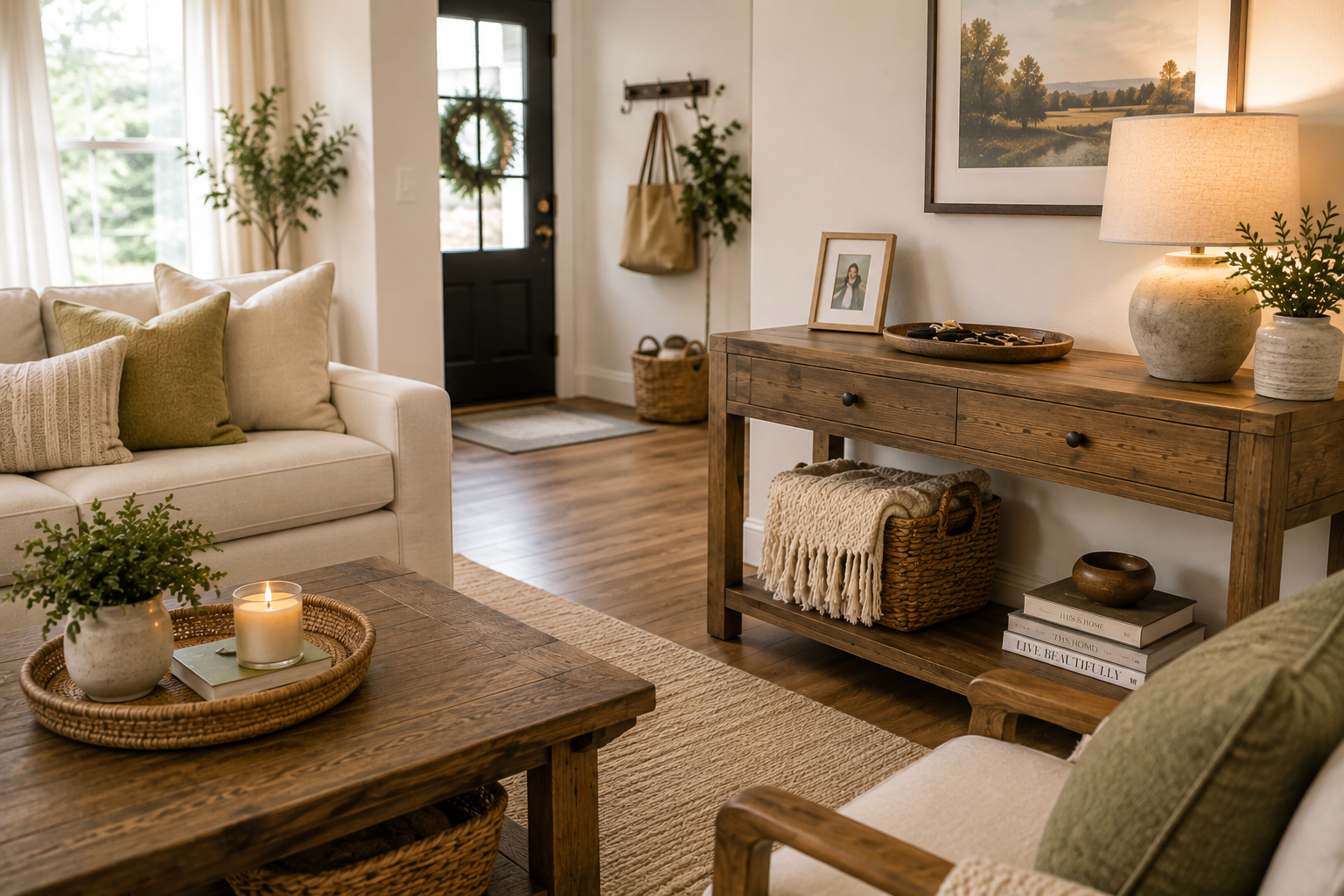 Calm organized living room with simple home systems, woven baskets, a catchall tray, and warm natural textures.