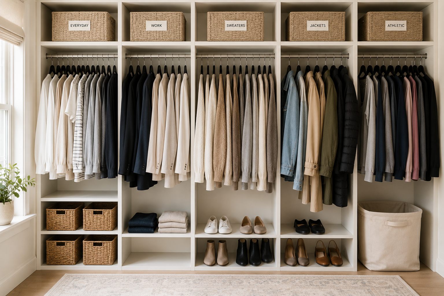 Closet organized into simple clothing categories with matching slim velvet hangers, folded shelves, and woven baskets for an easy-to-maintain closet organization system.