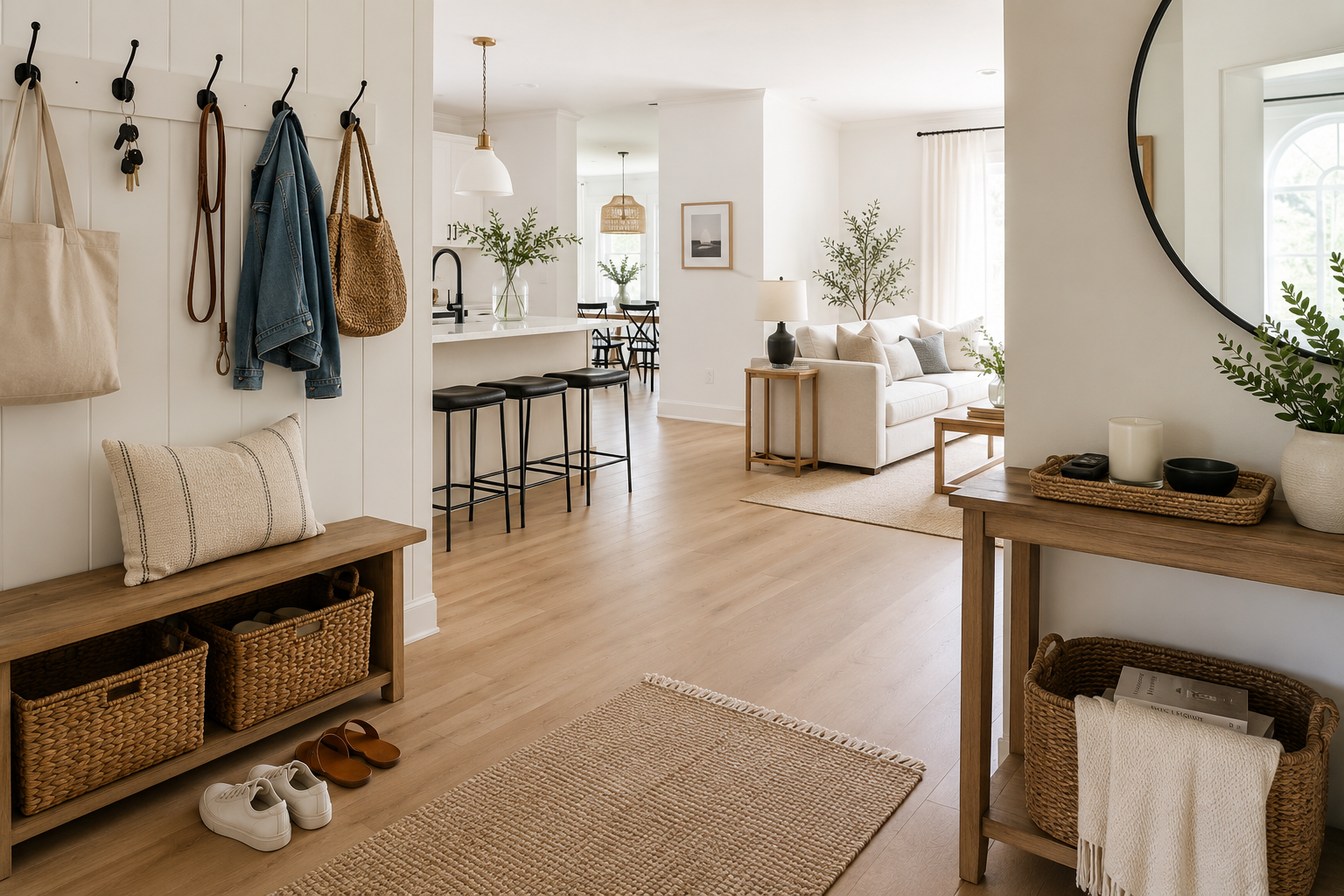 Bright, organized home with an entryway drop zone, woven storage baskets, decorative tray, wall hooks, and uncluttered living spaces that create a calm, functional home.