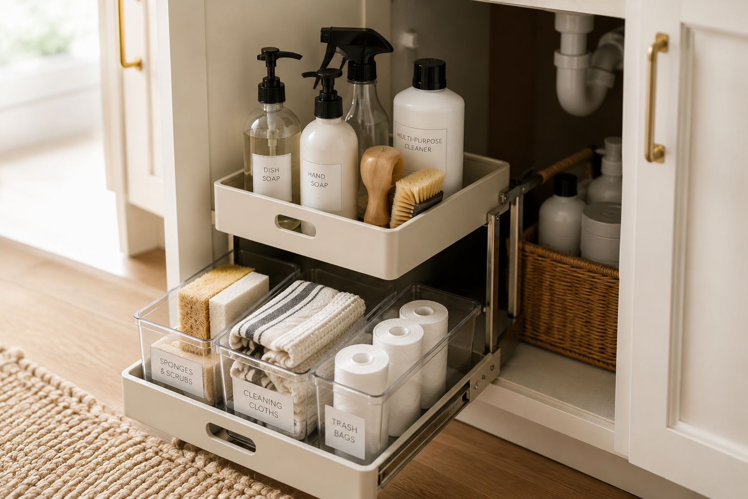 Close-up of a pull-out organizer under a kitchen sink with neatly arranged cleaning supplies in labeled containers.