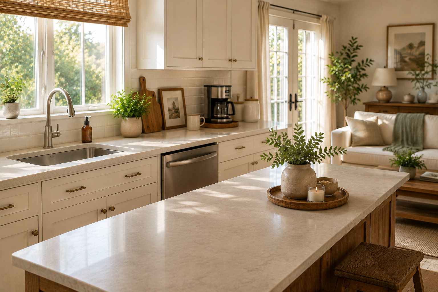 Warm kitchen after a simple morning reset with an empty sink, clear counters and an organized coffee area in natural morning light.