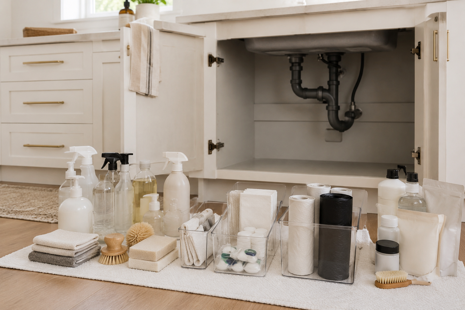 Cleaning supplies sorted into categories on a white towel beside an empty under-sink cabinet before organizing.