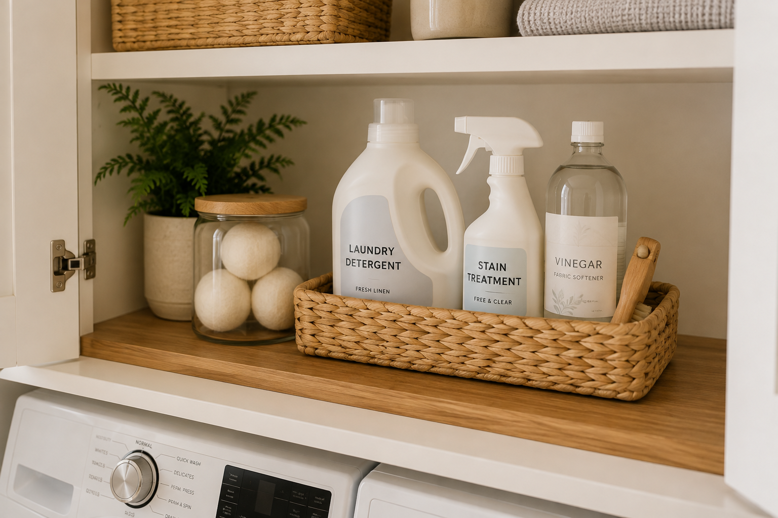 Organized laundry supplies stored close to the washer with detergent, stain remover, dryer balls, and a simple basket for an easy laundry routine.