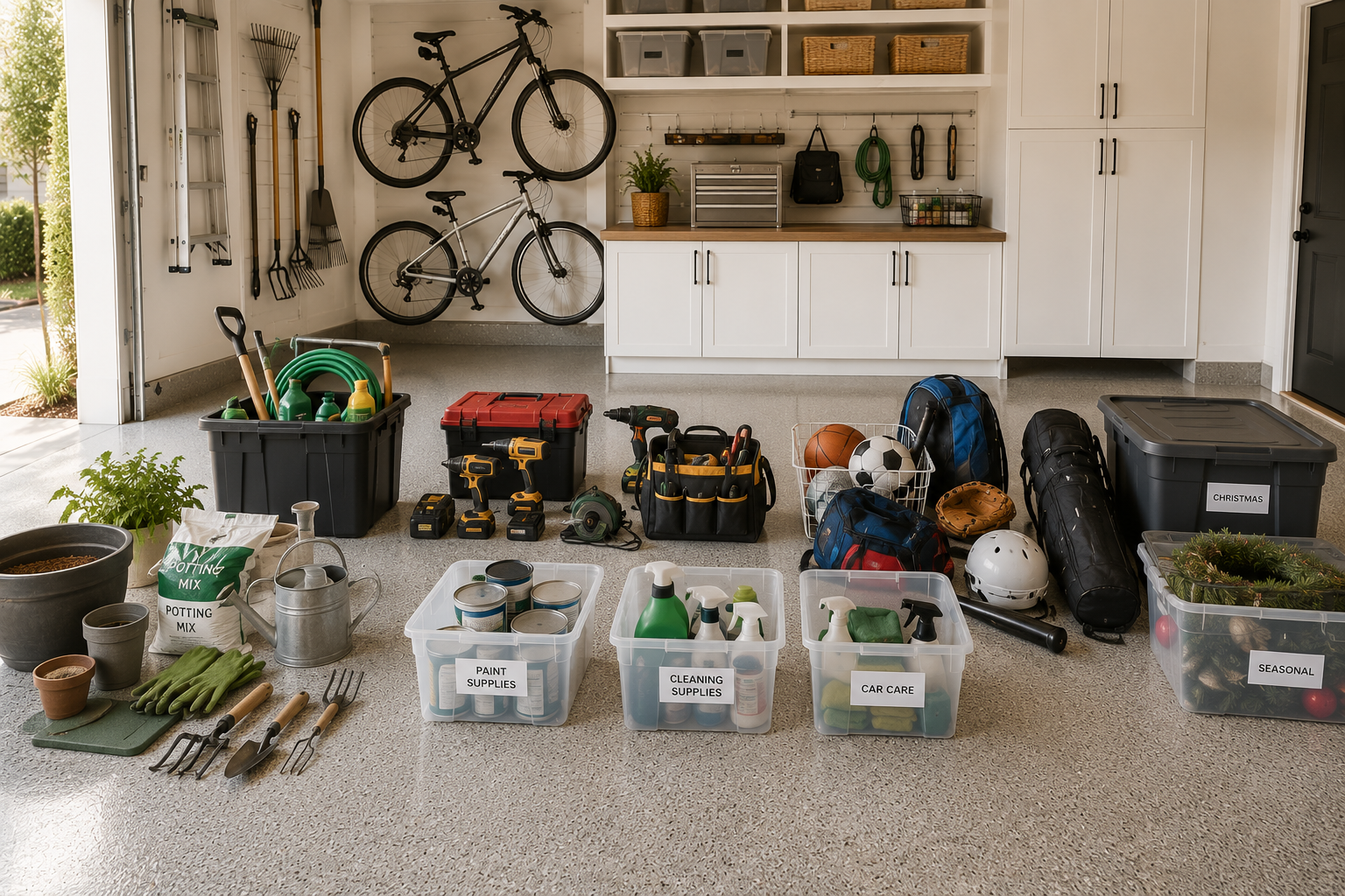 Garage floor with household items grouped into categories before organizing, including tools, sports equipment, gardening supplies, cleaning products, and storage bins in a bright organized garage.