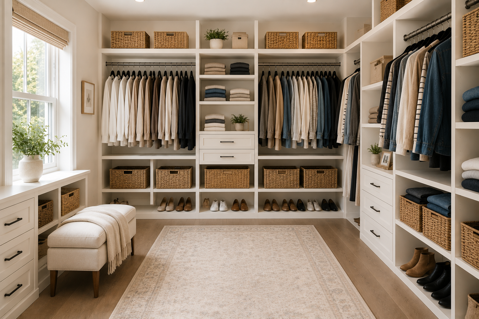 Wide view of an organized walk-in closet with matching slim velvet hangers, folded clothing, woven baskets, open floor space, and a simple closet organization system.