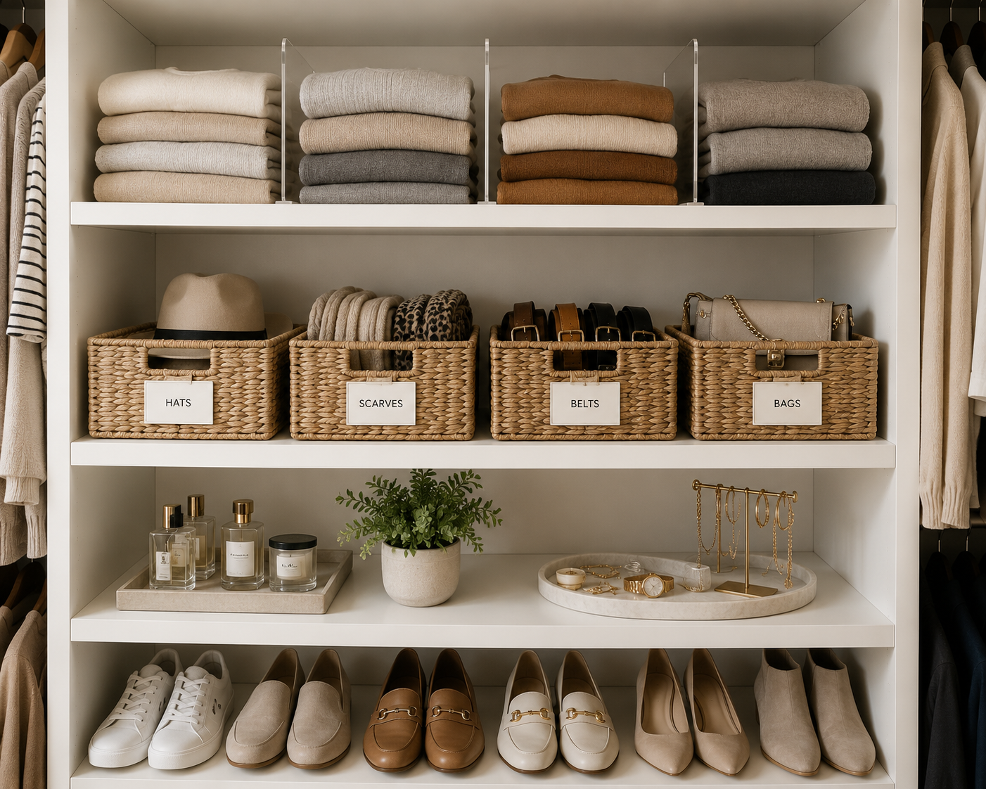 Organized closet shelves with folded sweaters, shelf dividers, labeled woven baskets, and grouped accessories creating a simple closet organization system.