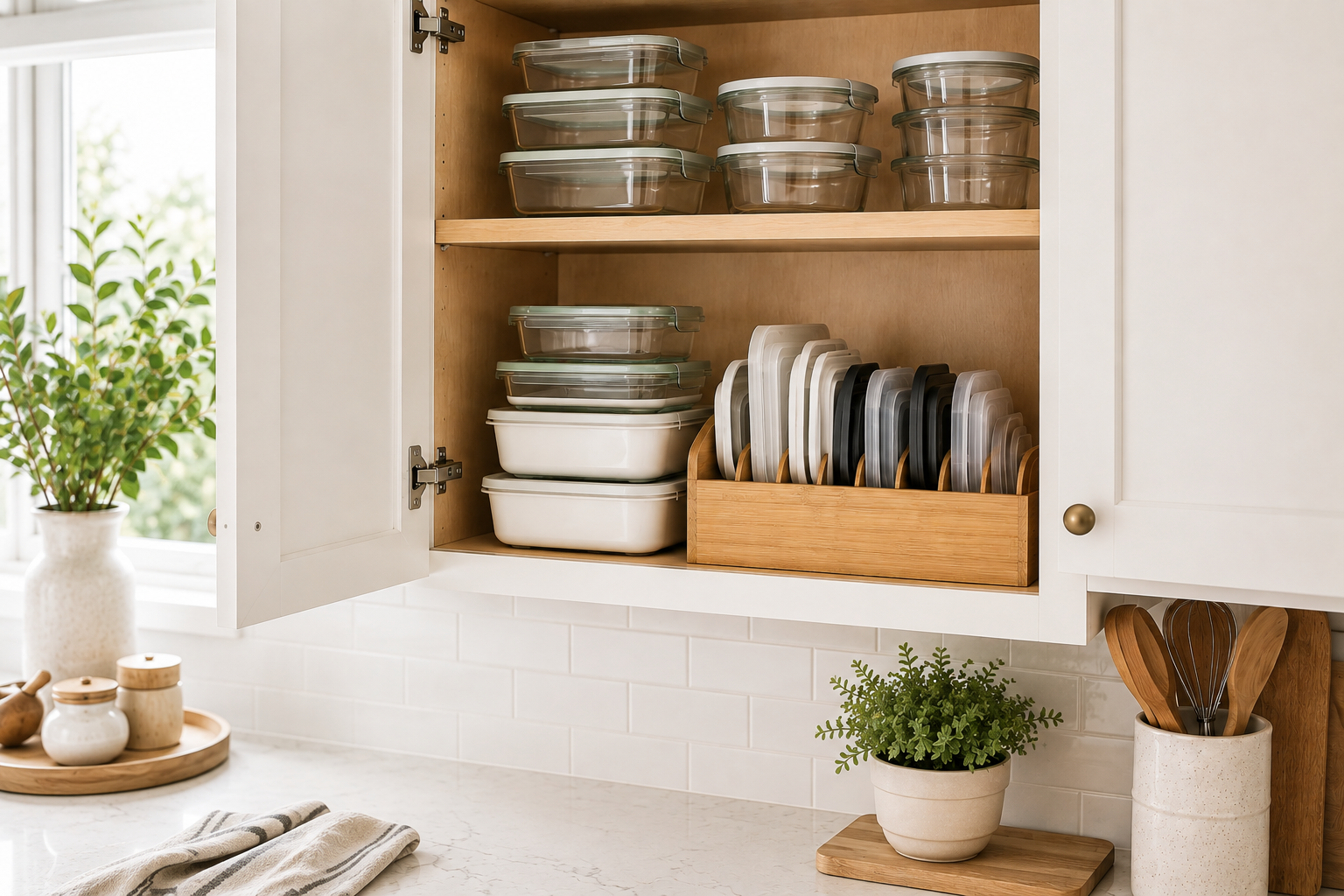 Bright kitchen with an organized food storage container cabinet featuring neatly stacked containers, vertically stored lids in a bamboo divider, white shaker cabinets, and warm natural light.