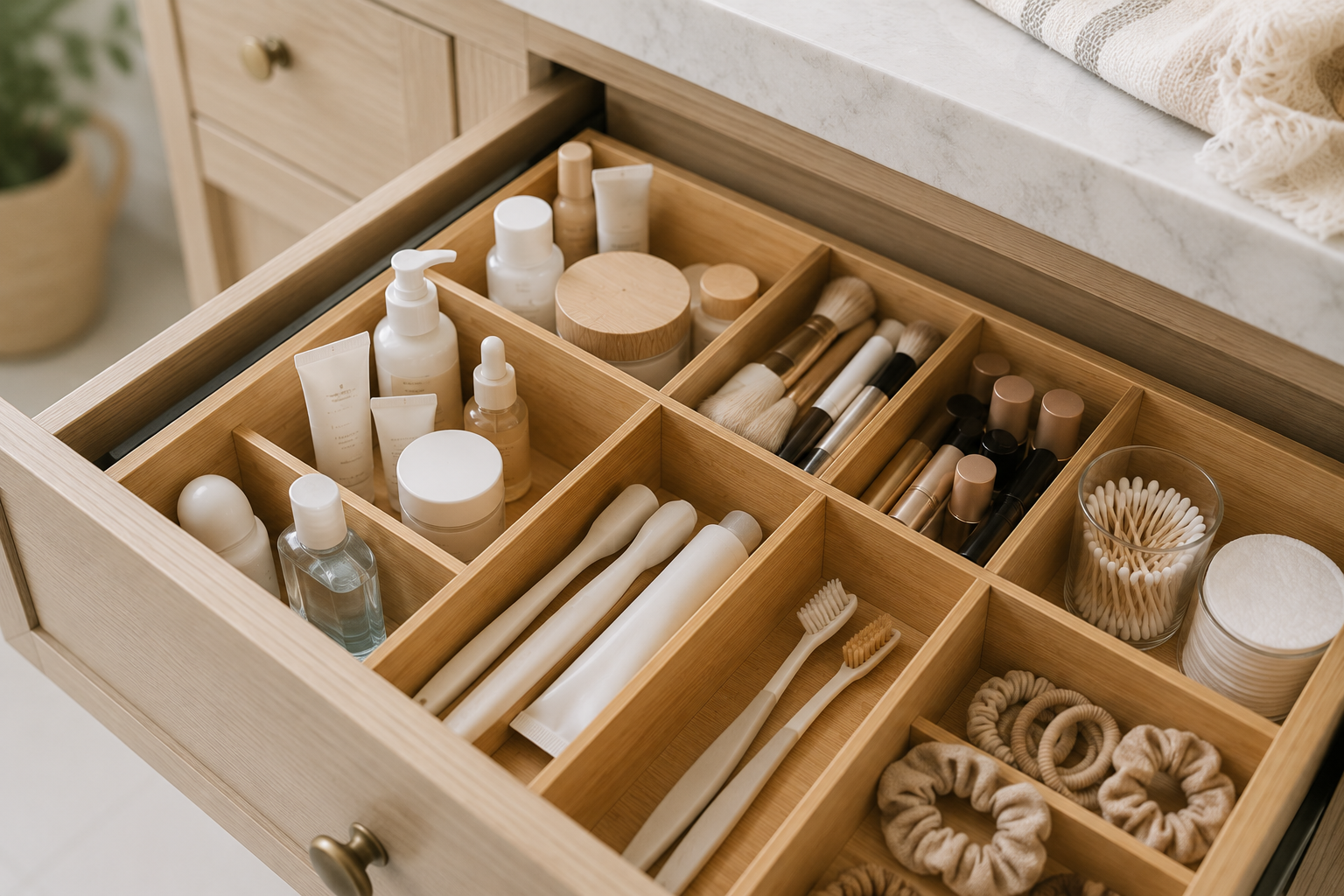 Close-up of an organized bathroom drawer with bamboo dividers separating skincare, makeup, dental care, and personal care items.