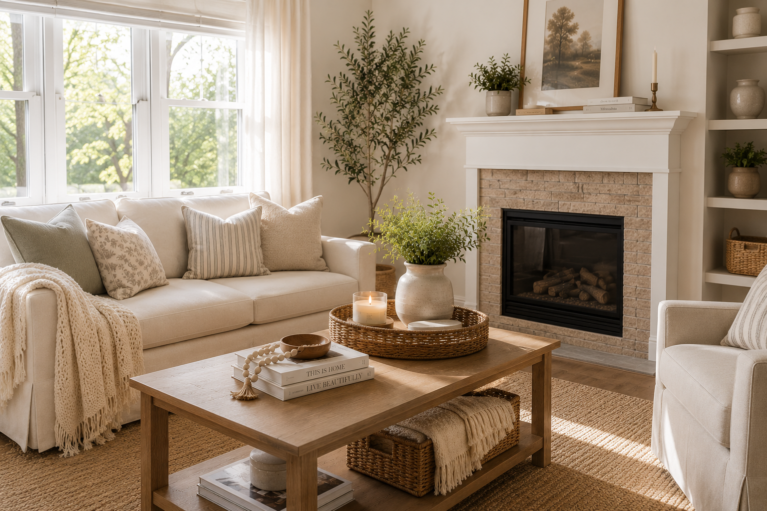 Bright, calm living room with neutral decor, natural light, woven textures, and minimal styling that creates a peaceful atmosphere.