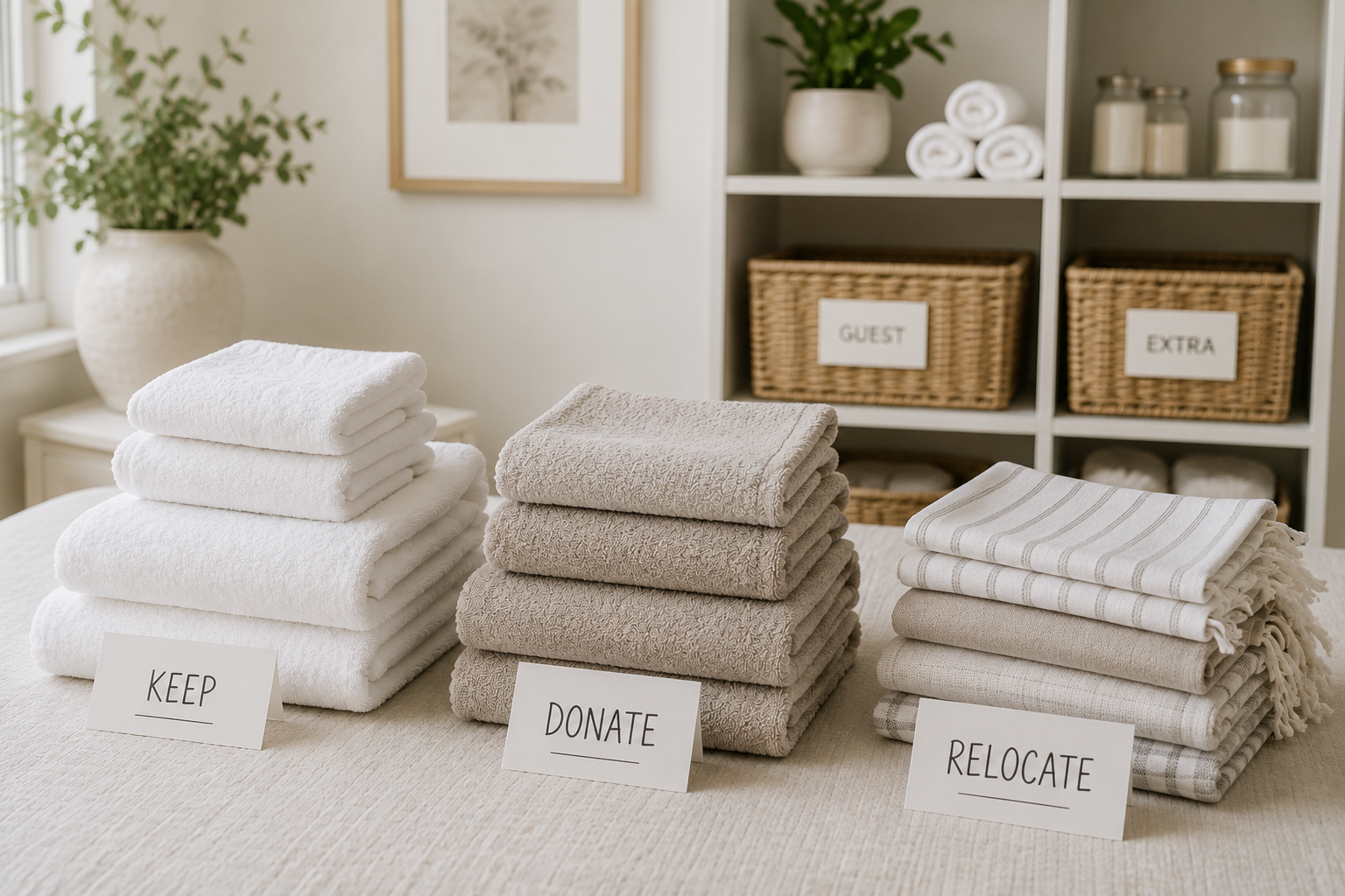 A neatly arranged collection of folded towels and linens sorted into keep, donate, and relocate piles on a neutral surface, illustrating the first step in organizing a linen closet.