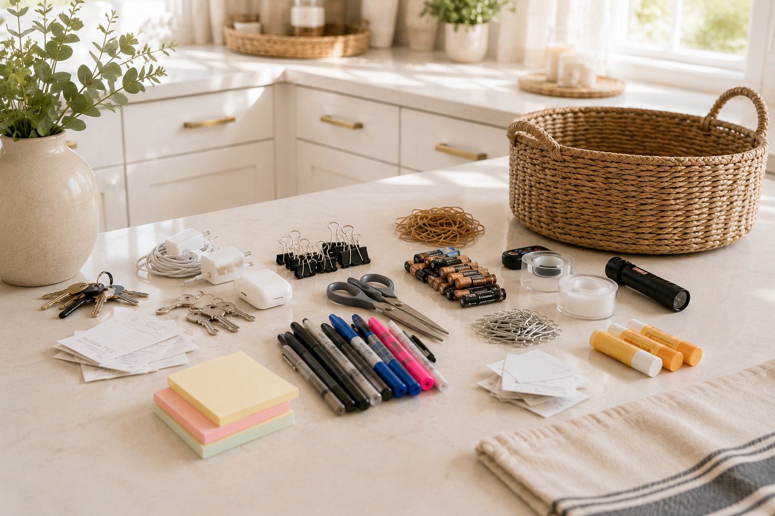 Everyday household items sorted into organized categories on a kitchen countertop beside a woven basket, preparing for a junk drawer organization project.