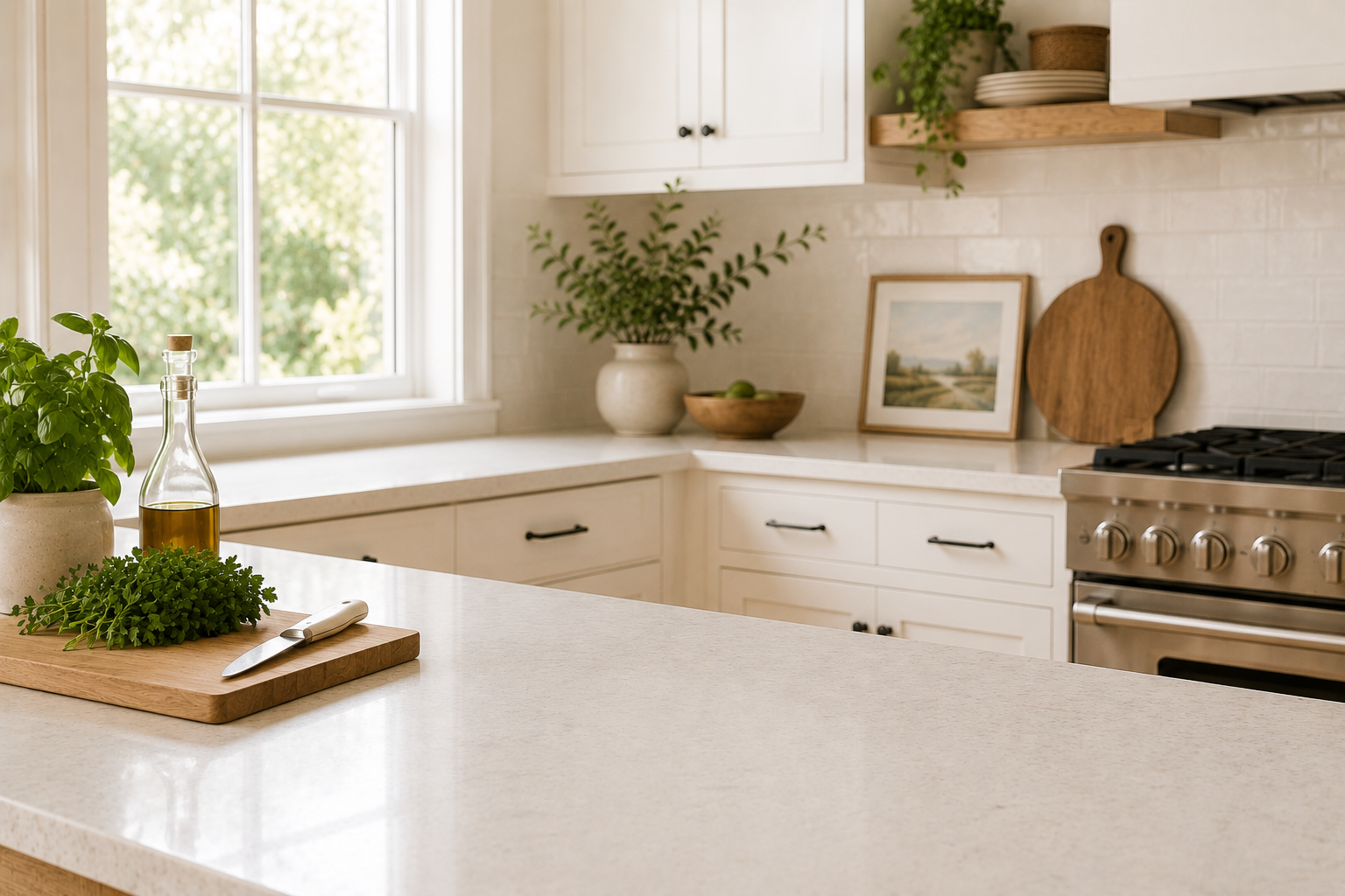 Bright kitchen with a spacious clear quartz countertop, wooden cutting board, fresh herbs, and natural light creating a calm meal preparation space.