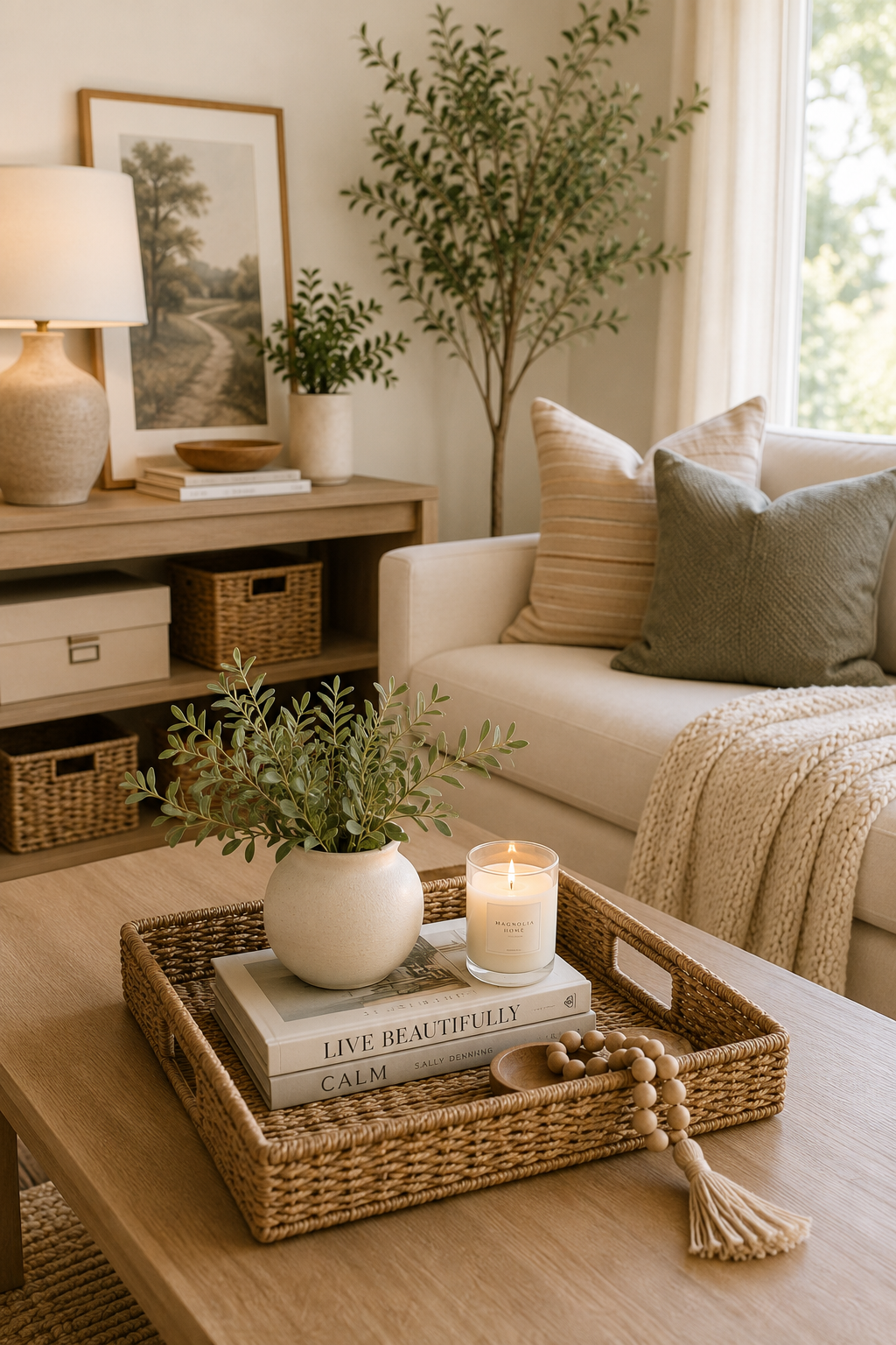 Calm neutral living room with simple decor, woven storage baskets, natural wood furniture, and minimal styling that reduces visual clutter.