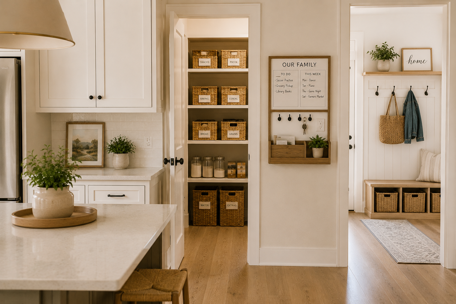 Bright organized kitchen connected to a pantry and family command center with labeled storage baskets, keeping everyday items organized and kitchen counters clutter-free.